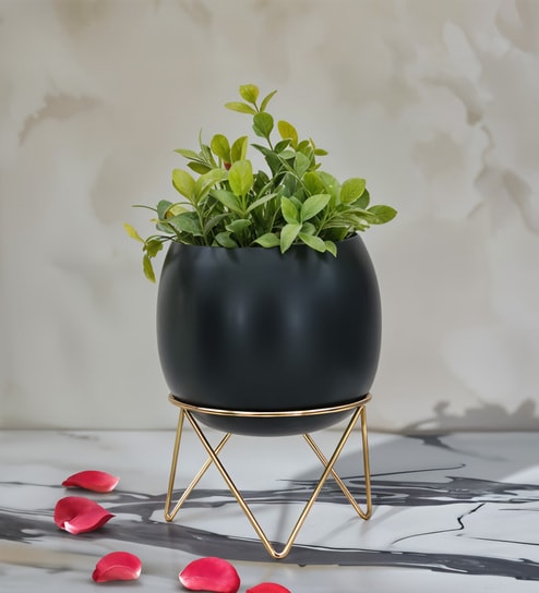 Metal Round Planter on Tripod Stand Large - Black