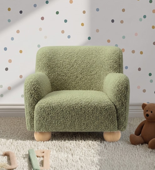 Plush Boucle Kids Lounge Chair In Olive Colour