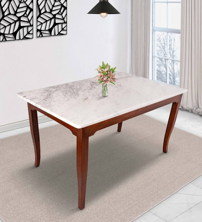 Buy Plinto Solid Wood 6 Seater Dining Table in White Finish with Marble