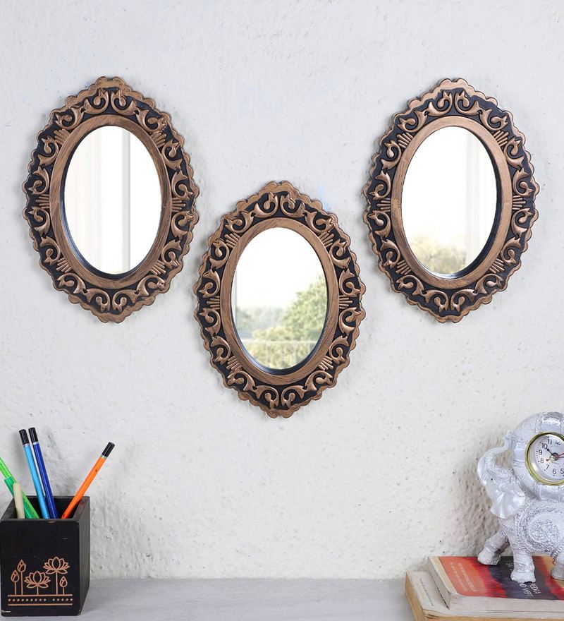 Buy Plastic Decorative Oval Shape Wall Mirror Set Of 3 In Brown