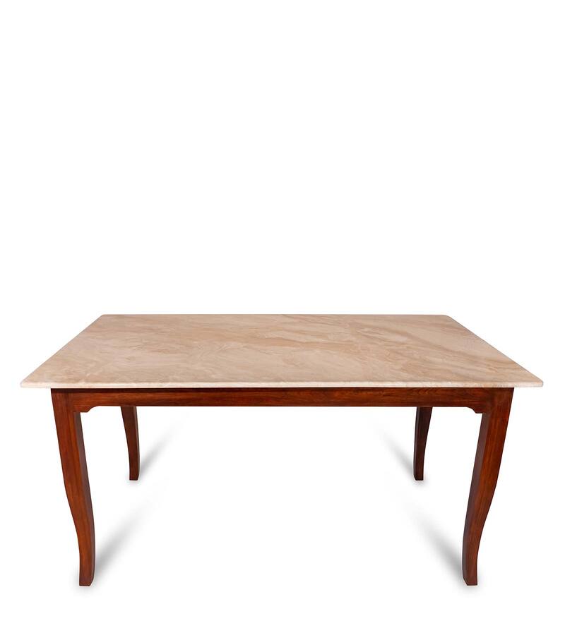 Buy Plinto Solid Wood 6 Seater Dining Table in Beige Finish with Marble