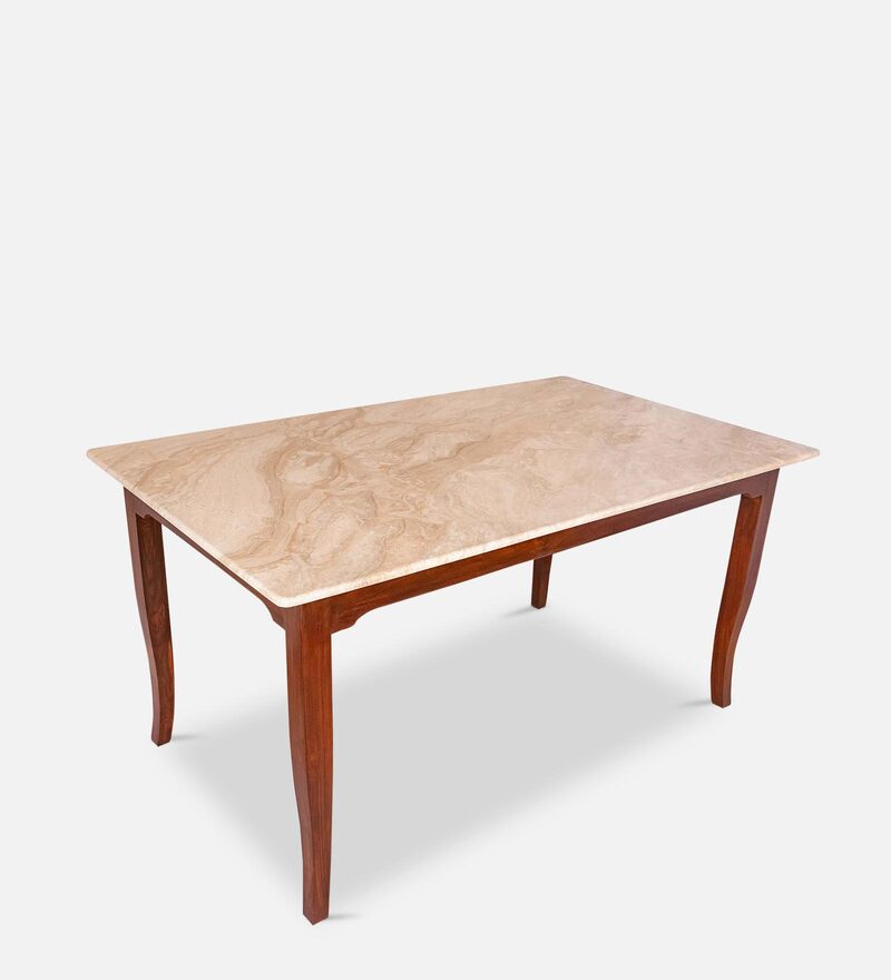 Buy Plinto Solid Wood 6 Seater Dining Table in Beige Finish with Marble