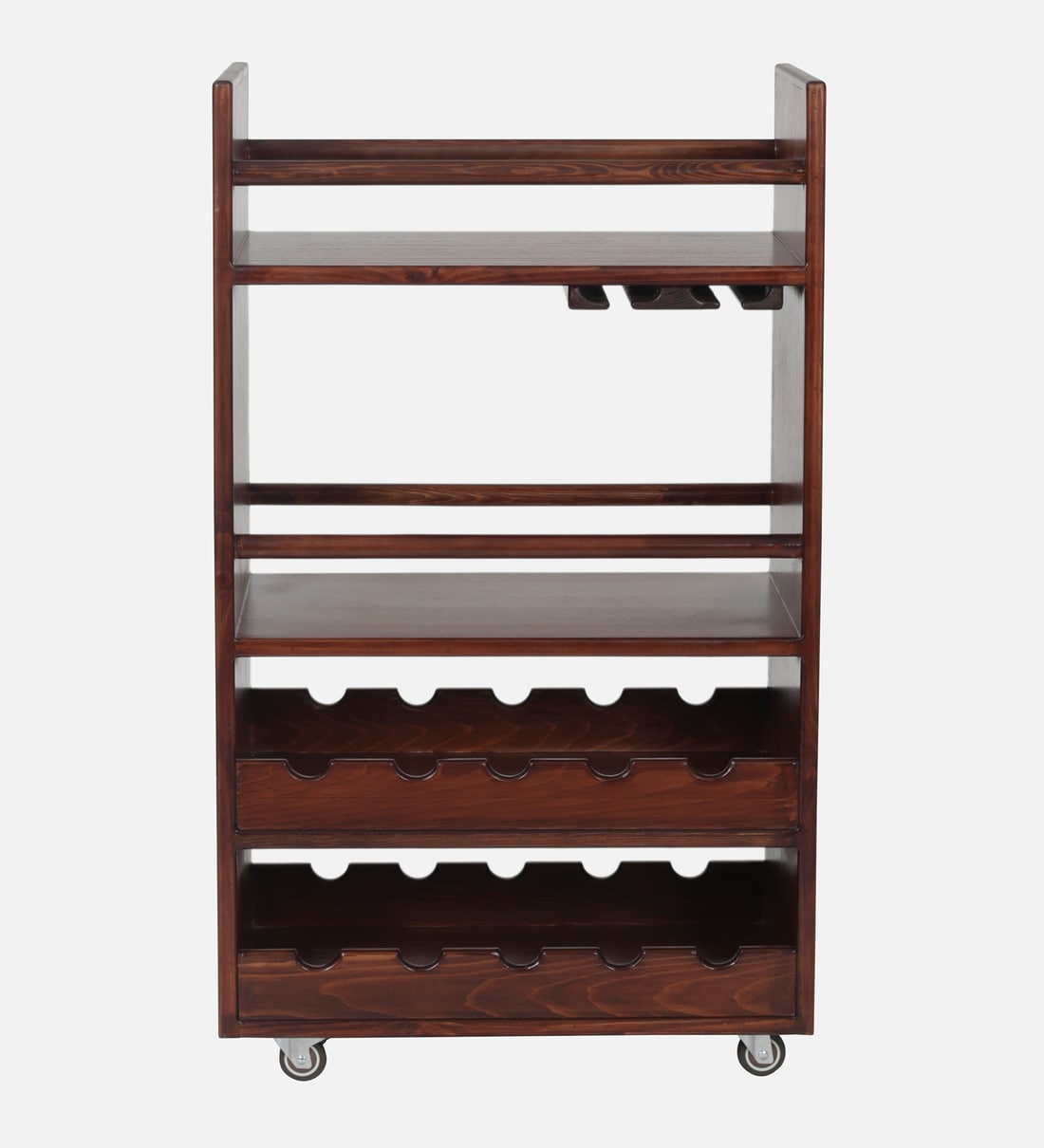 Buy Poise Solid Wood Bar Trolley in Walnut Veneer Finish By Ekbote