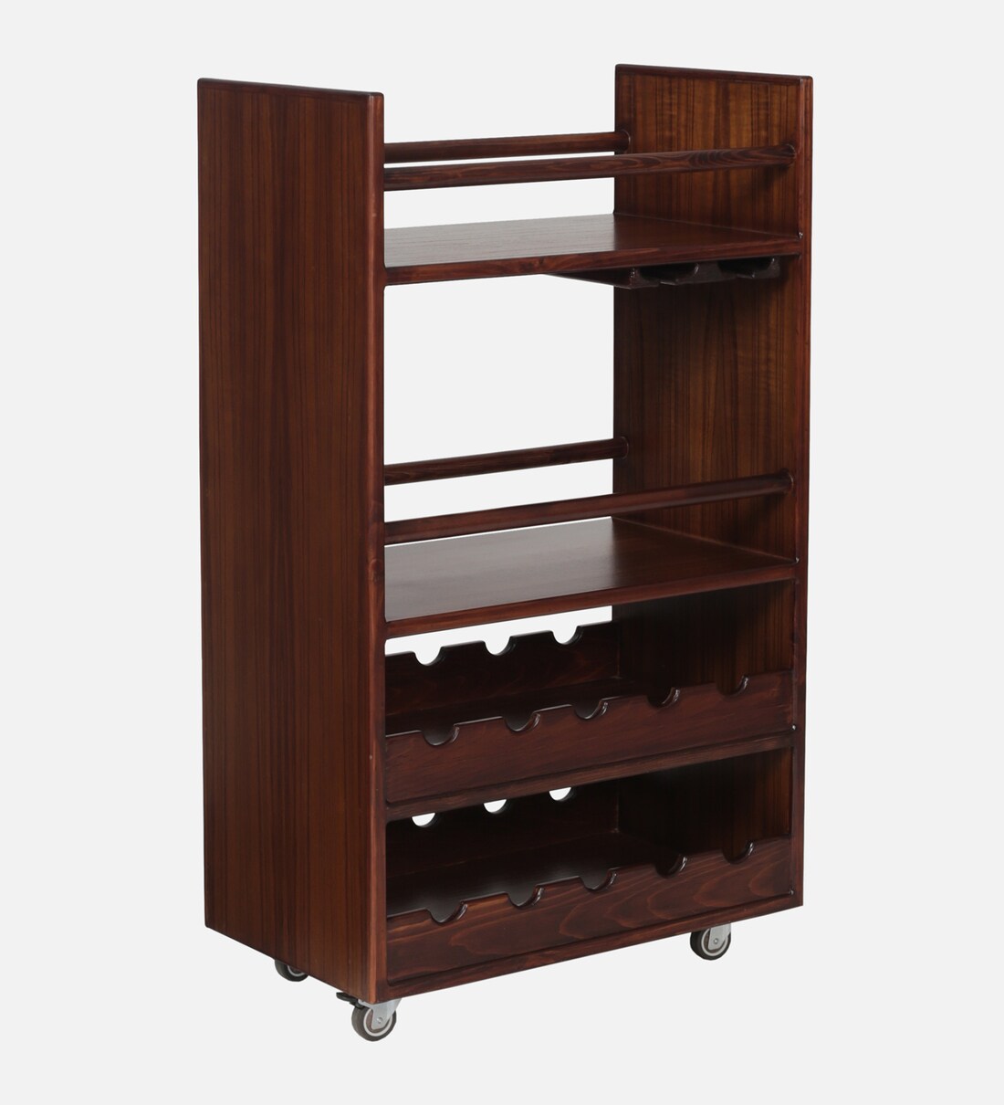 Buy Poise Solid Wood Bar Trolley in Walnut Veneer Finish By Ekbote