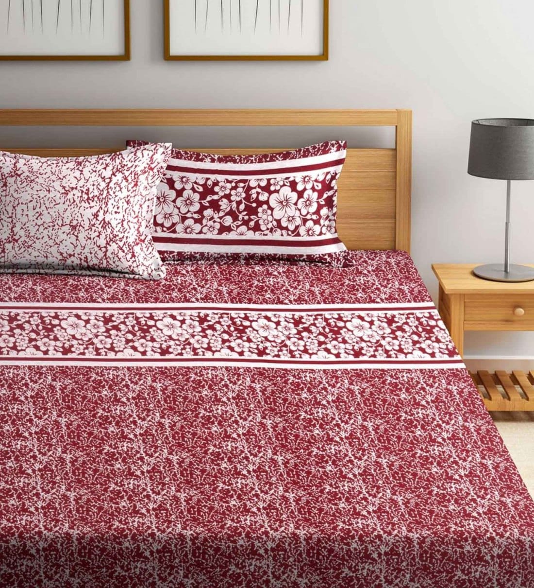 Buy Maroon Floral 400 TC Poly Cotton 1 Double Bedsheet with 2 Pillow