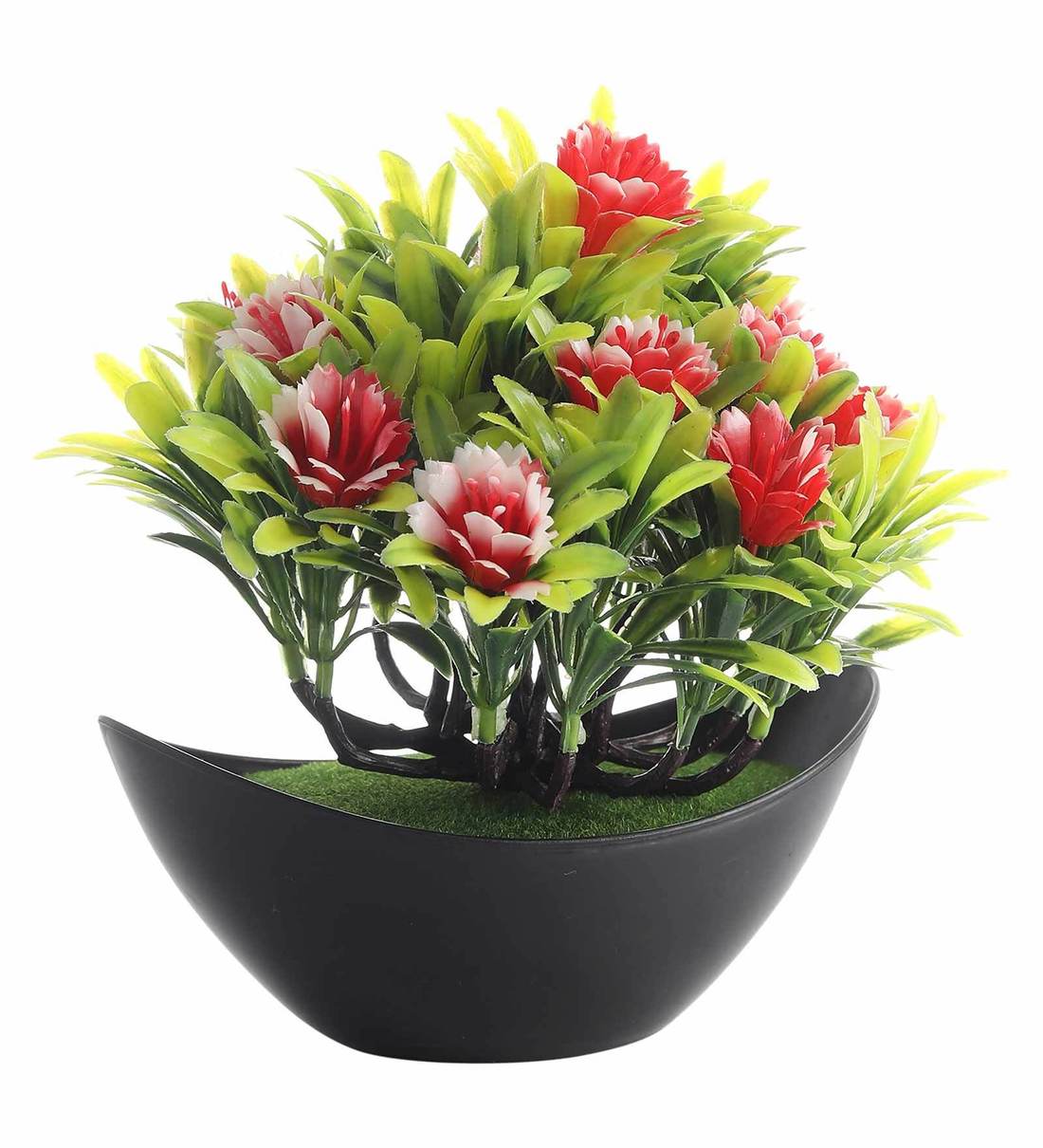 Buy Green Leaves and Red Flowers Plastic Artificial Plant with Pot by