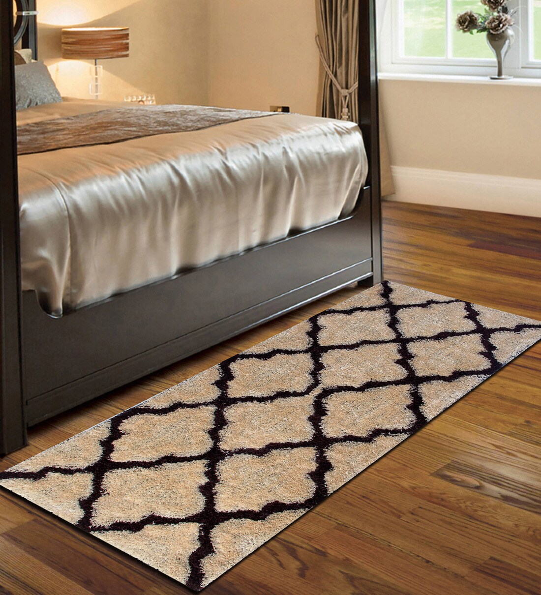 Buy Geometric Polyester Fur 5 x 2 Feet Shaggy Bedside Runner by Hosta