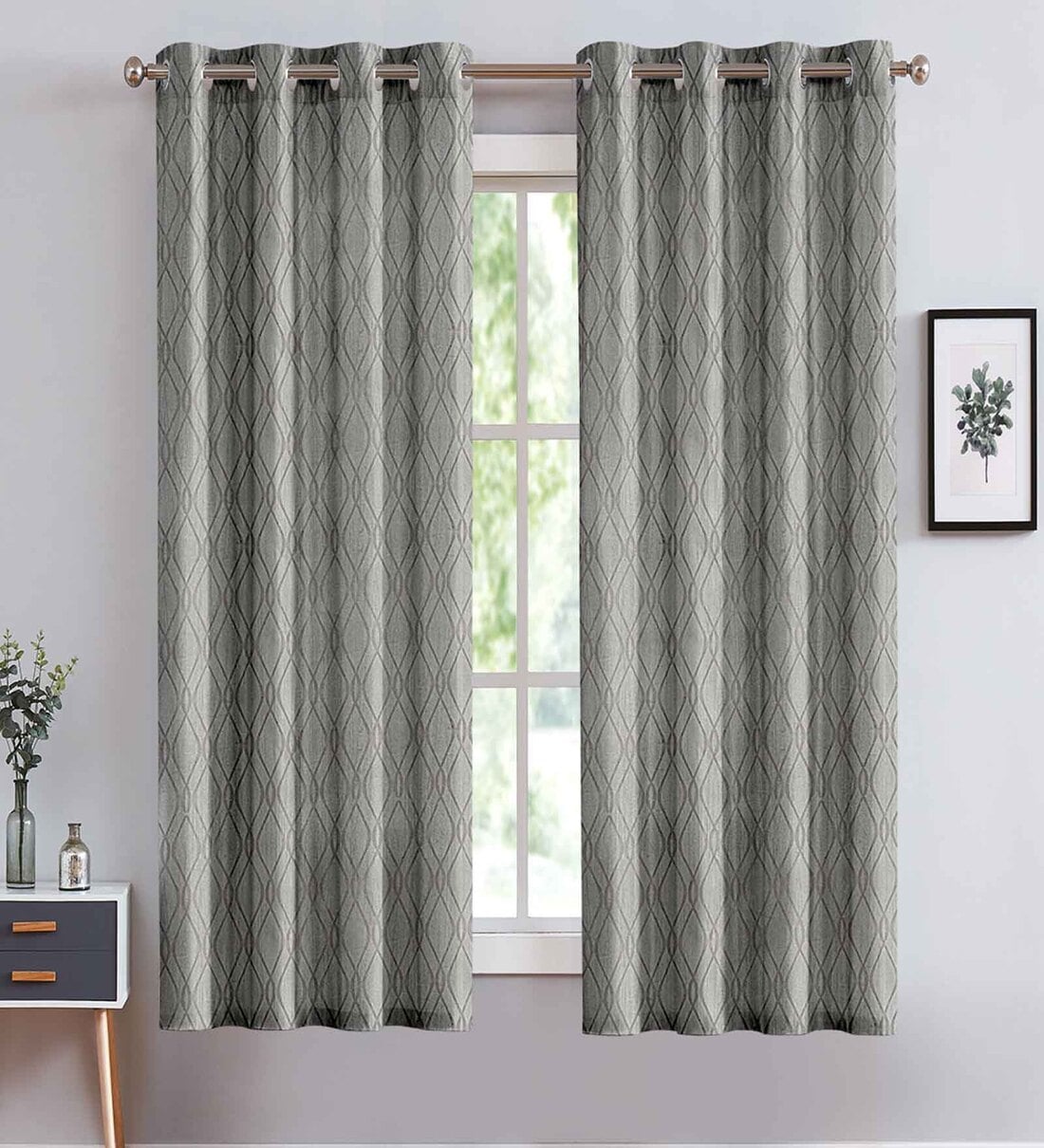 Buy Grey Geometric Polyester 5 Ft Blackout Eyelet Window Curtains (Set