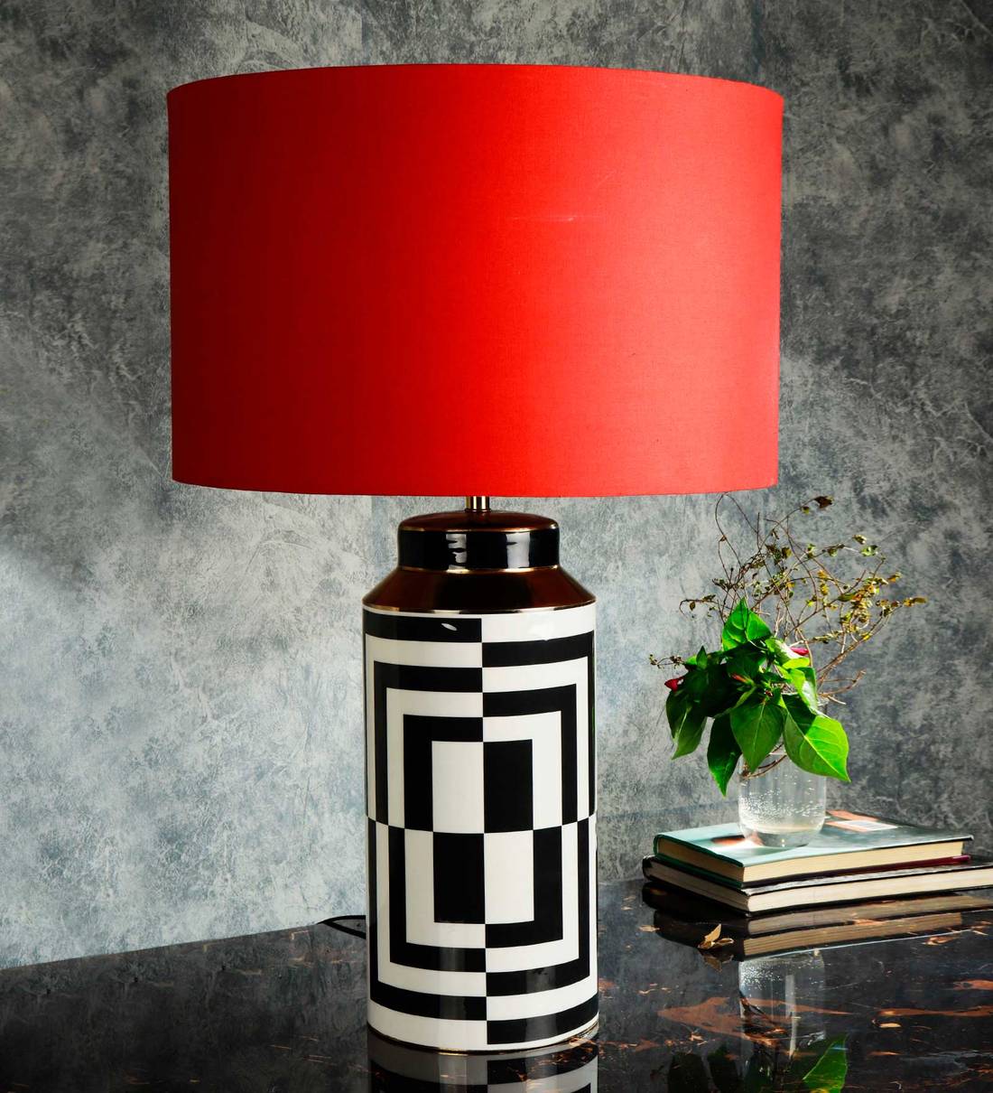 red black and white lamps