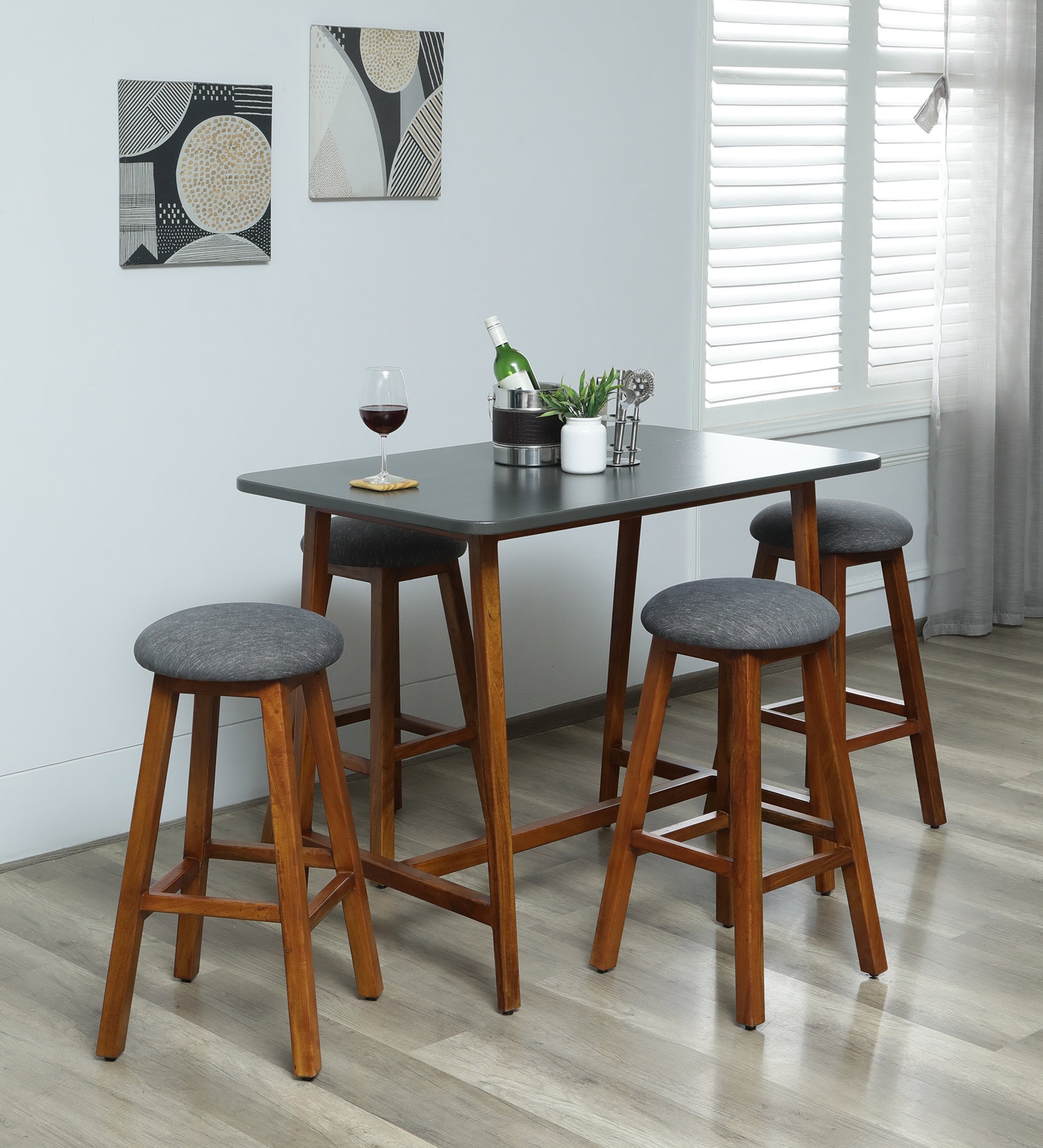 Buy Poise Solid Wood Bar Table Set in Grey Veneer Finish With 4 Chair