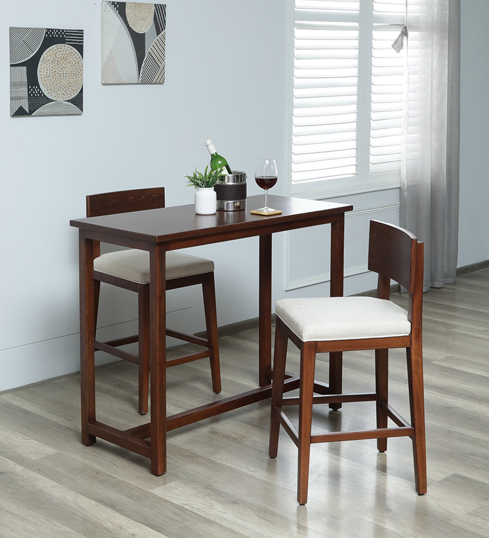 Poise Solid Wood Bar Table Set in Walnut Veneer Finish with 2 Chair