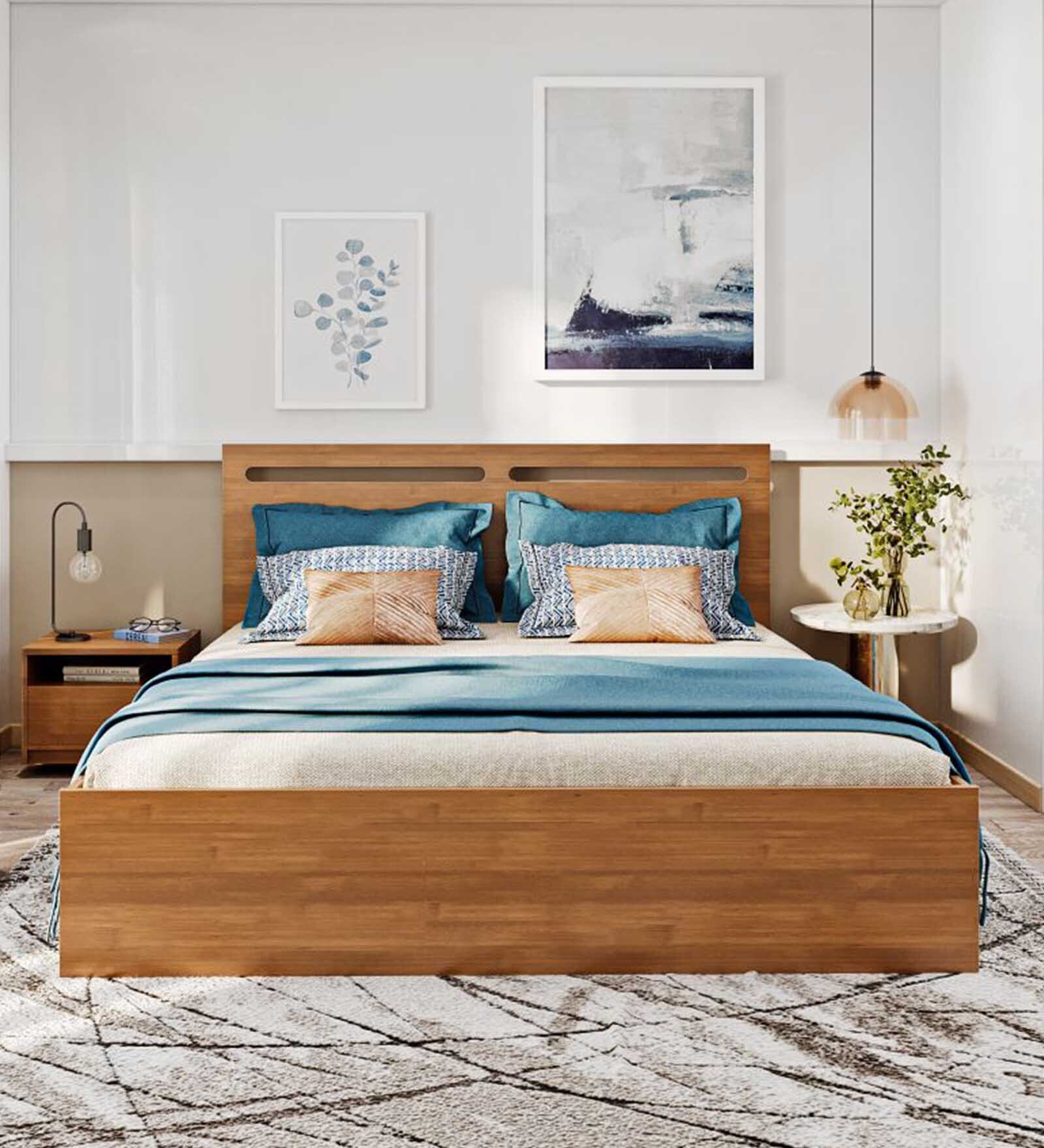 Polaris Solid Wood King Size Bed In Midas Gold Colour With Box Storage