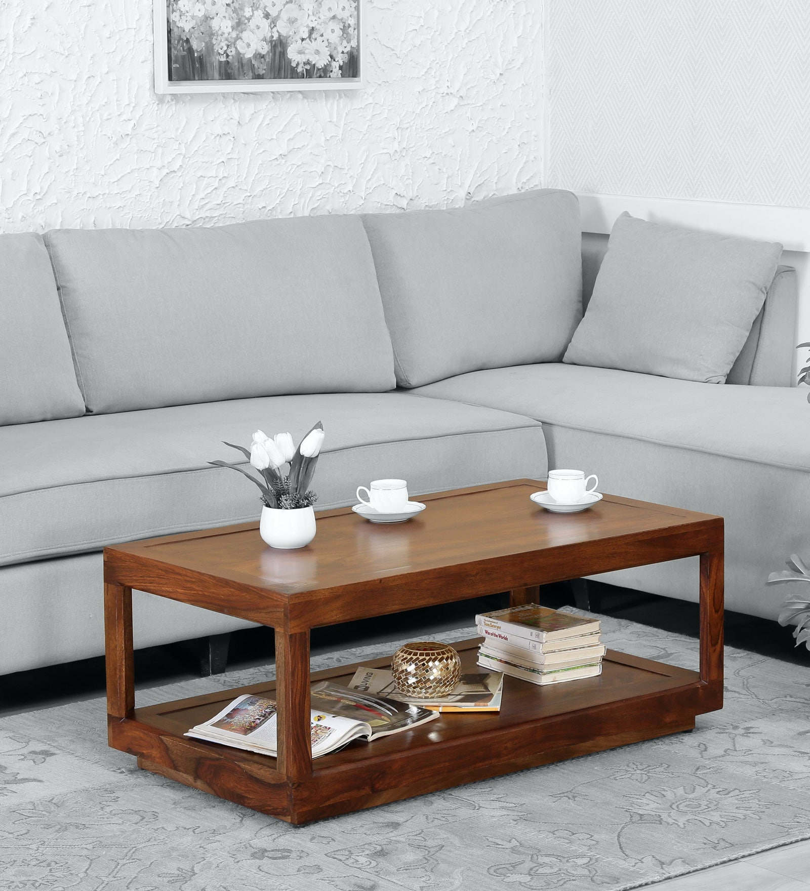 Pole Sheesham Wood Coffee Table In Provincial Teak Finish