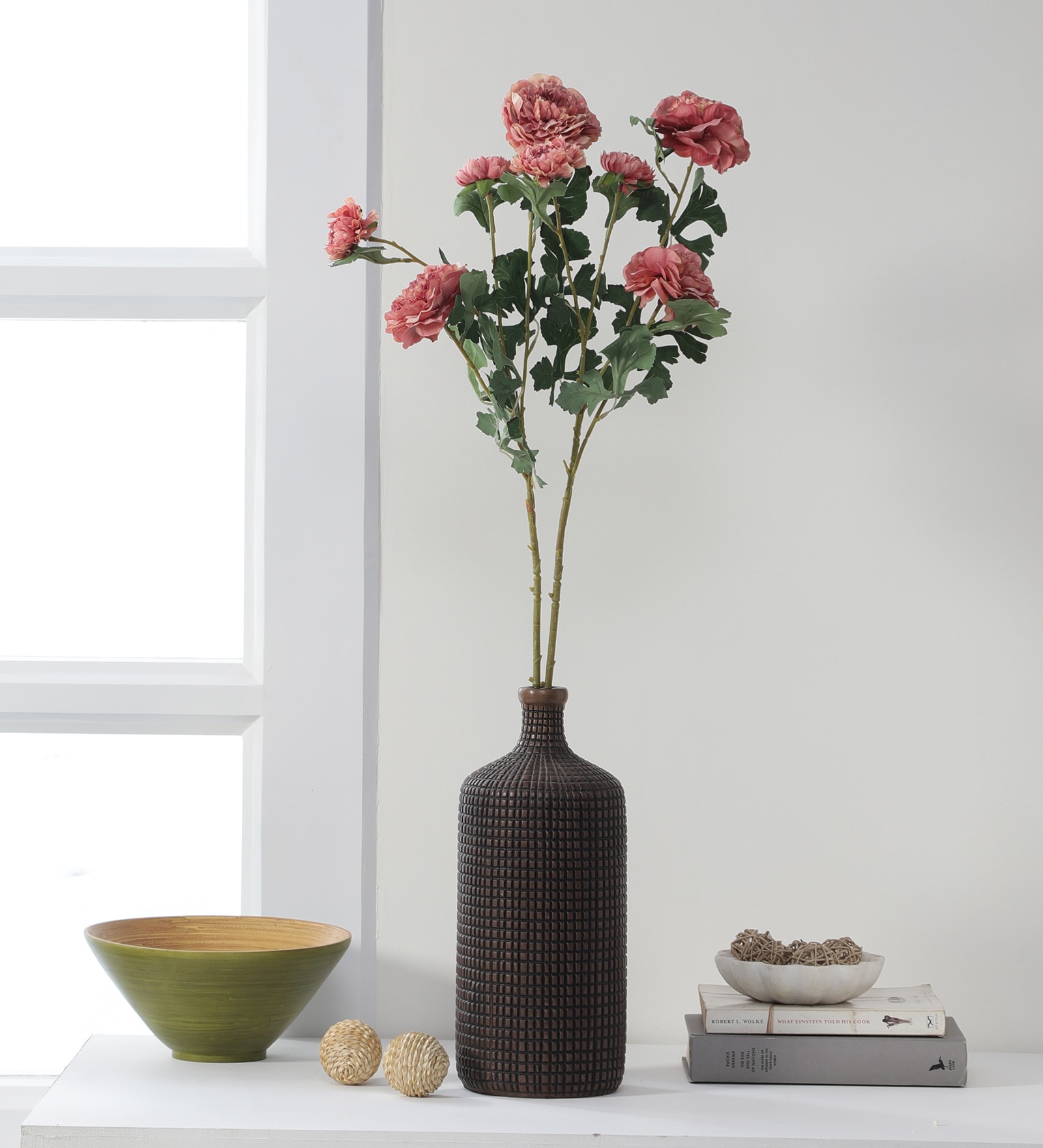 Orange Fabric Artificial Peony Flower Bunch Set of 2