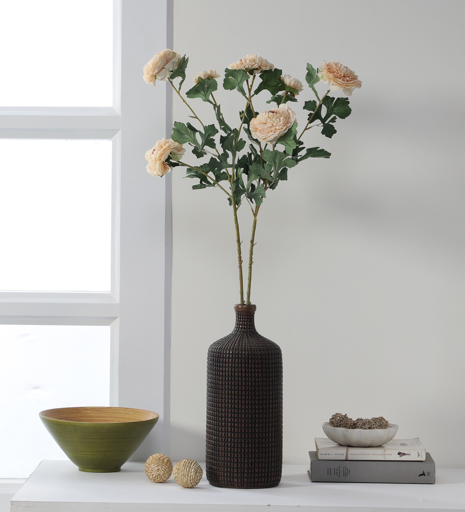 Peach Fabric Artificial Peony Flower Bunch Set of 2