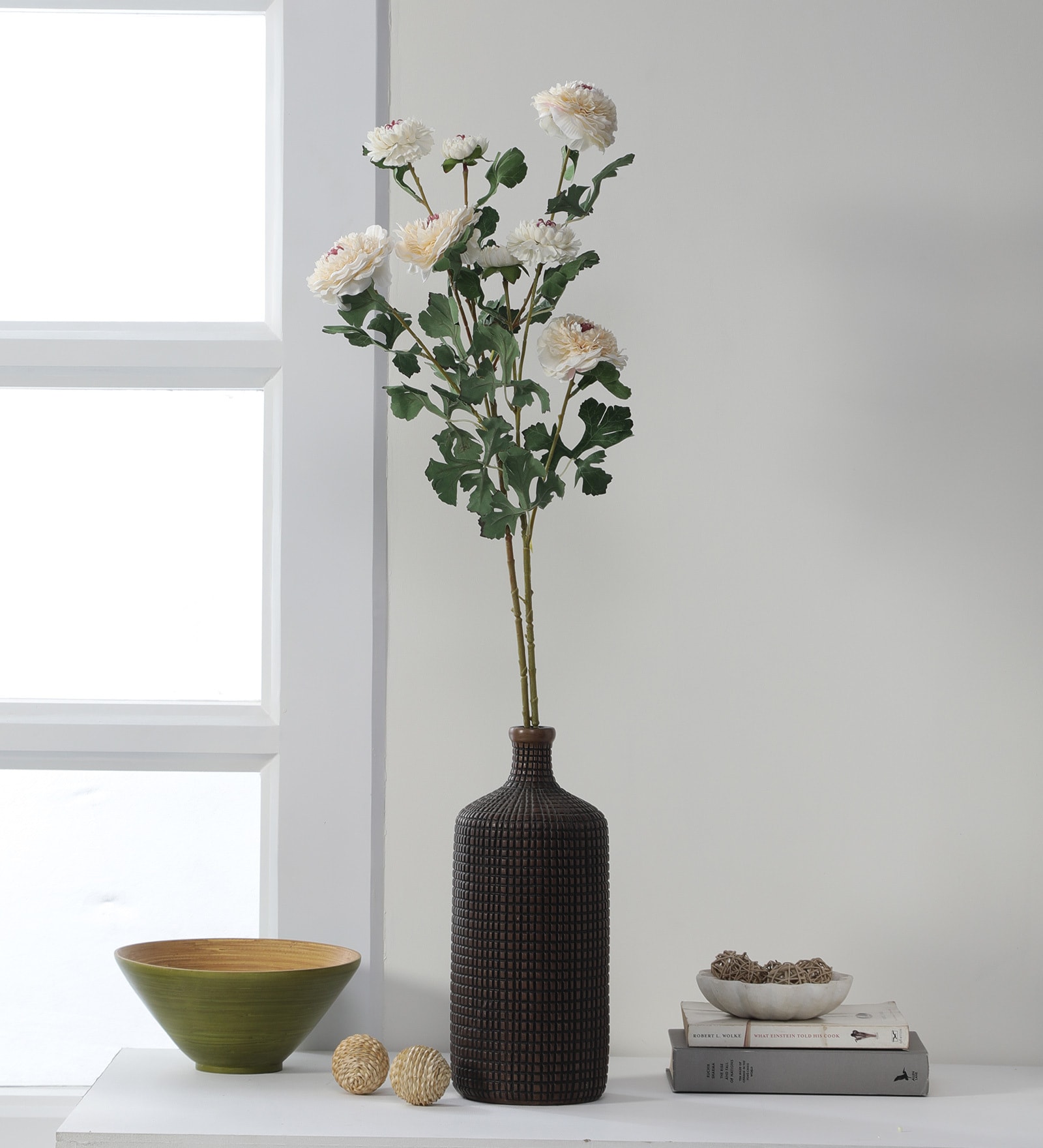 White Fabric Artificial Peony Flower Bunch Set of 2