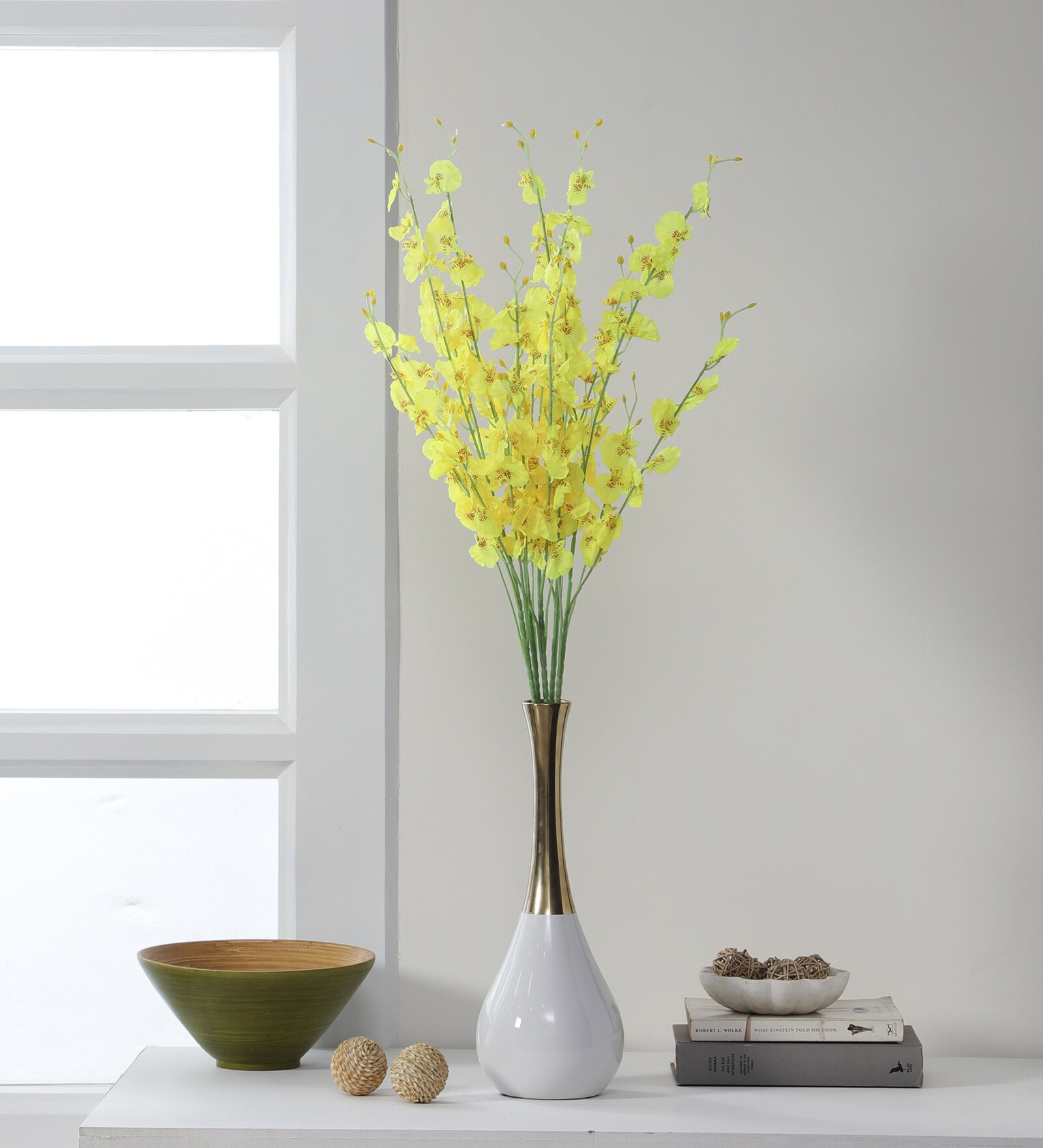 Buy Yellow Fabric Artificial Orchid Flower Sticks, Set of 5 by