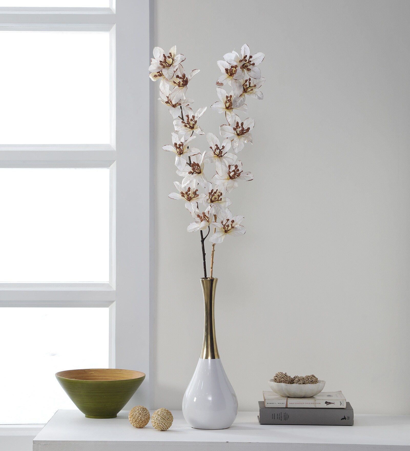 White Polyester Artificial Glittering Forsythia Flower Set of 2