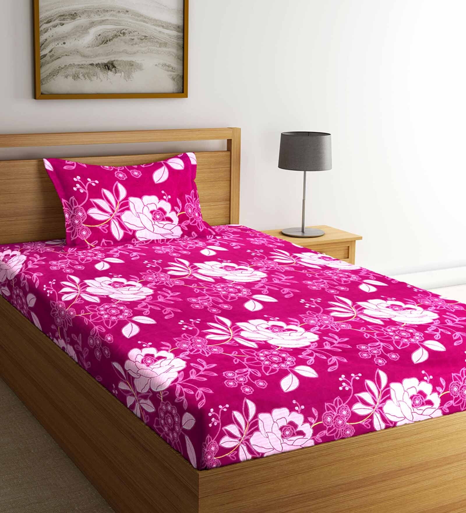 Pink Floral 300 TC Poly Cotton 1 Single Bedhseet with 1 Pillow Cover