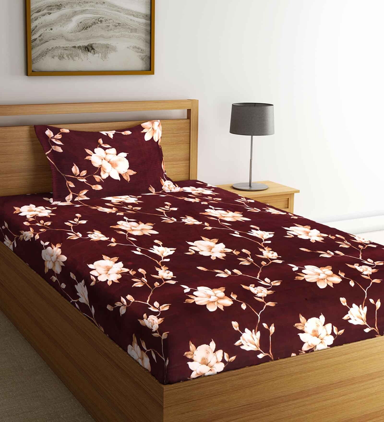 Brown Floral 300 TC Poly Cotton 1 Single Bedhseet with 1 Pillow Cover