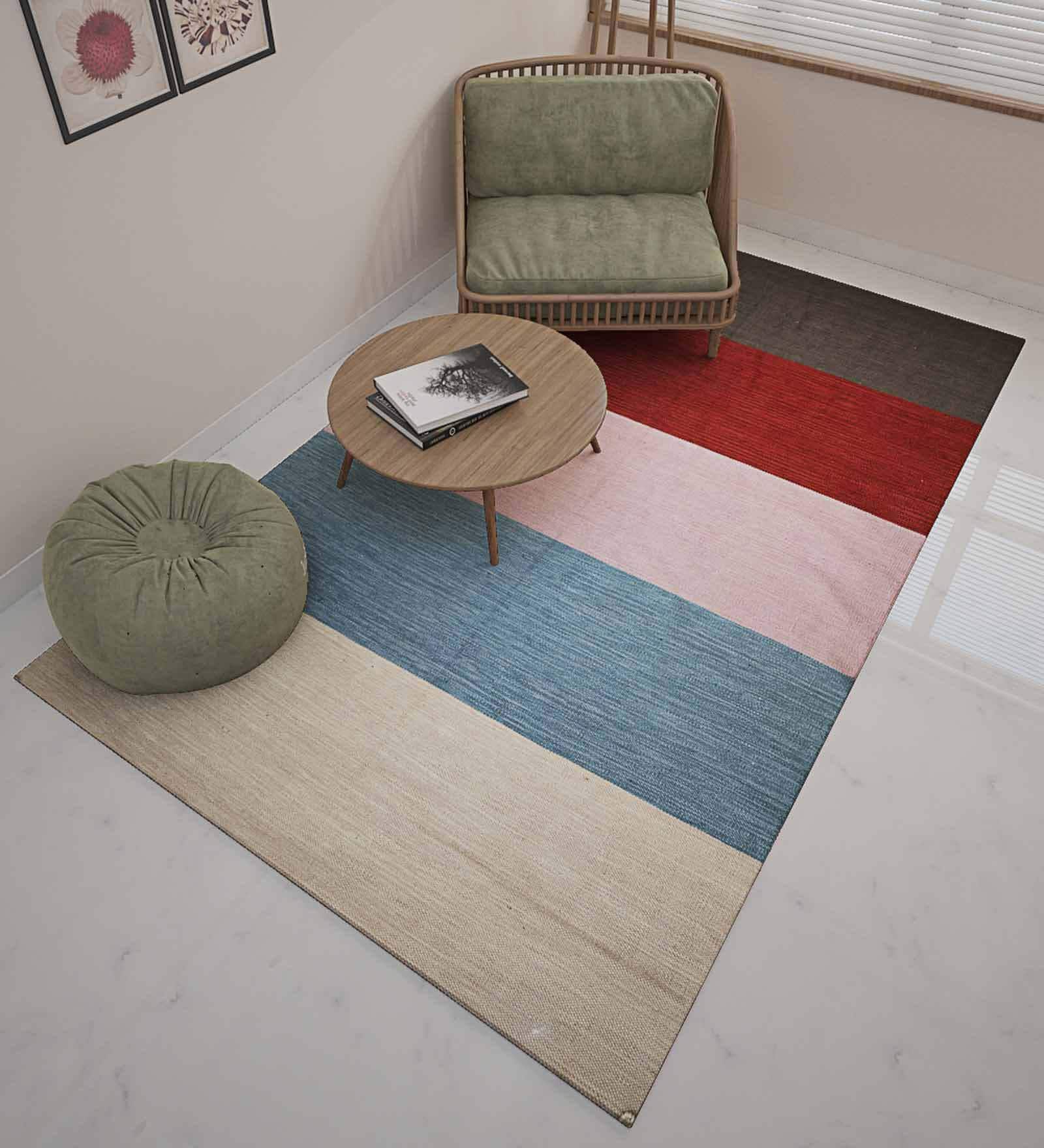 Multicolor Striped Polyester 6 ft x 9 ft Hand Woven Dhurrie