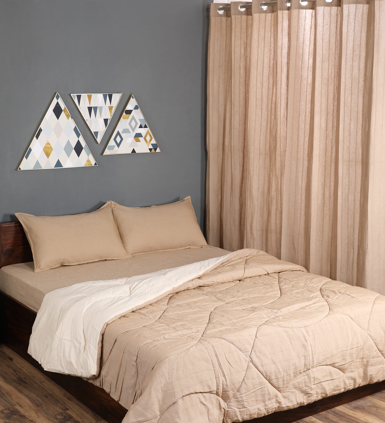 Beige Solid 210 TC Cotton Blend (Set of 6) Double Bed Bedding Sets