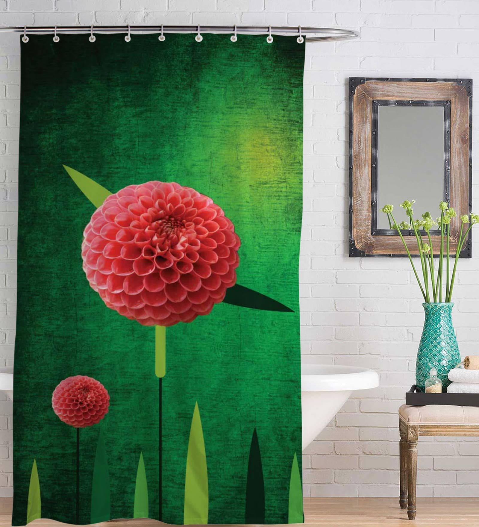 Green Floral Pattern Polyester Shower Curtains