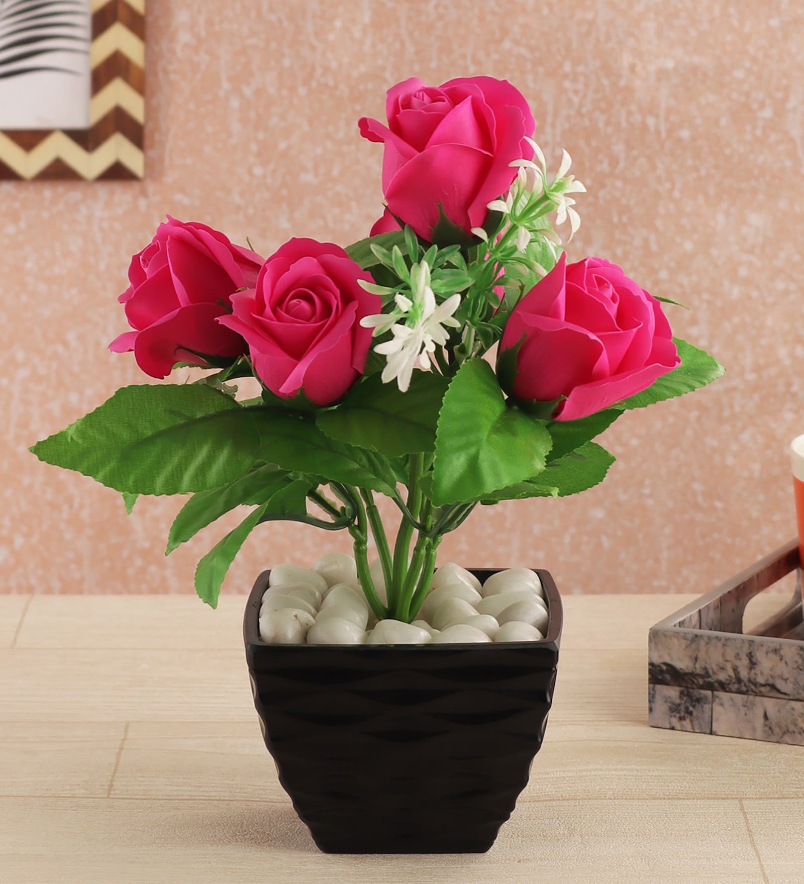 Buy Polyester Artificial Pink Rose Plant With Melamine Pot By Foliyaj 