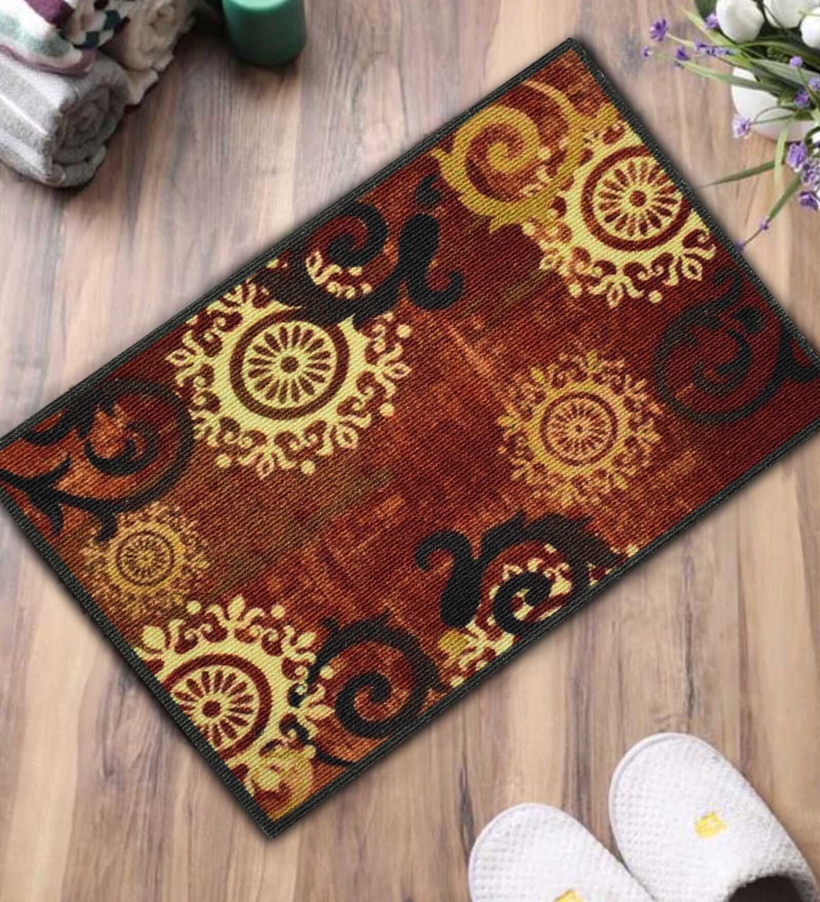 Polyester Ethnic Pattern Machine Tufted 2 X 1 Feet Carpet in Brown Color