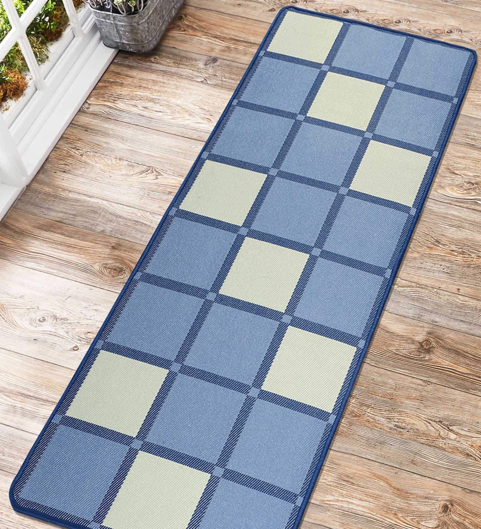 Blue Polyester Foldable Anti Skid Checkered 5 ft x 2 ft Yoga Mat