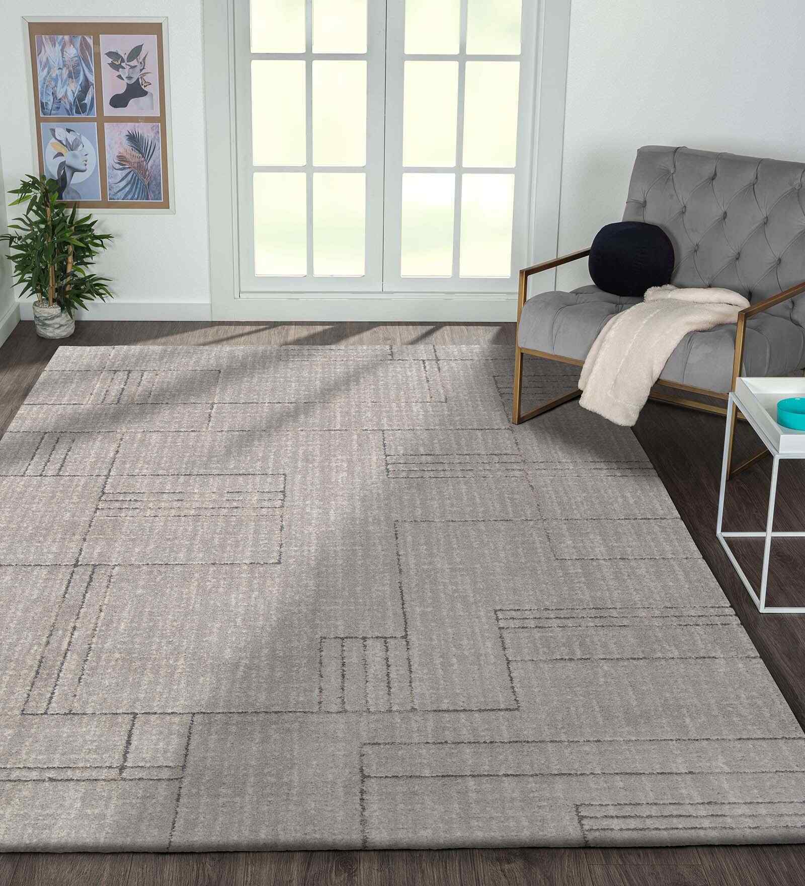 Polyester Geometric Machine Made Carpet, 5 X 7 Feet, Grey