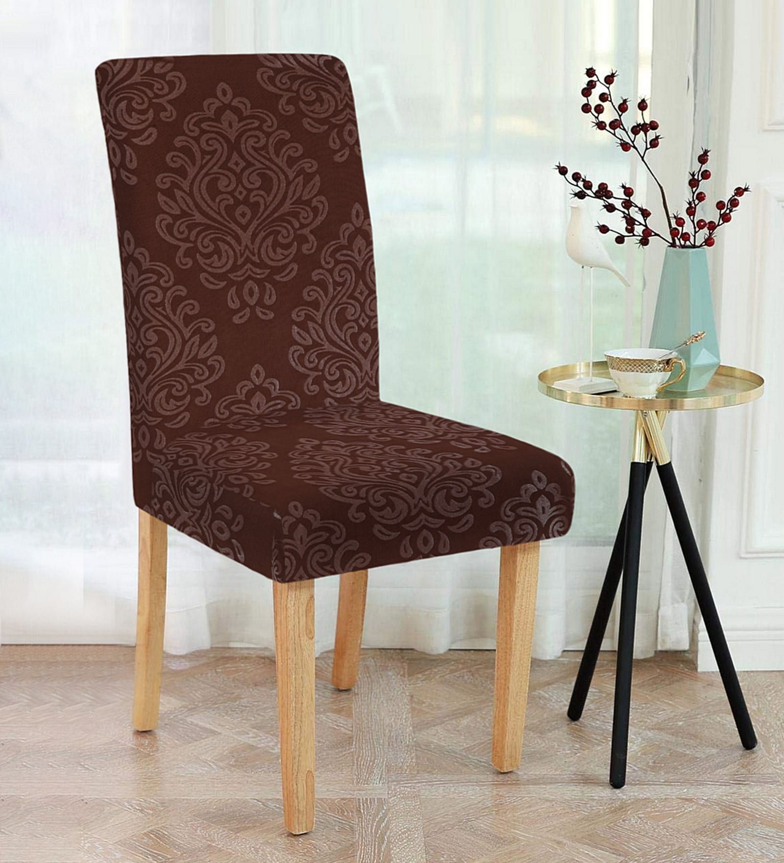 Brown Polyester Printed 20x18 inch Stretchable 1Pc Chair Cover
