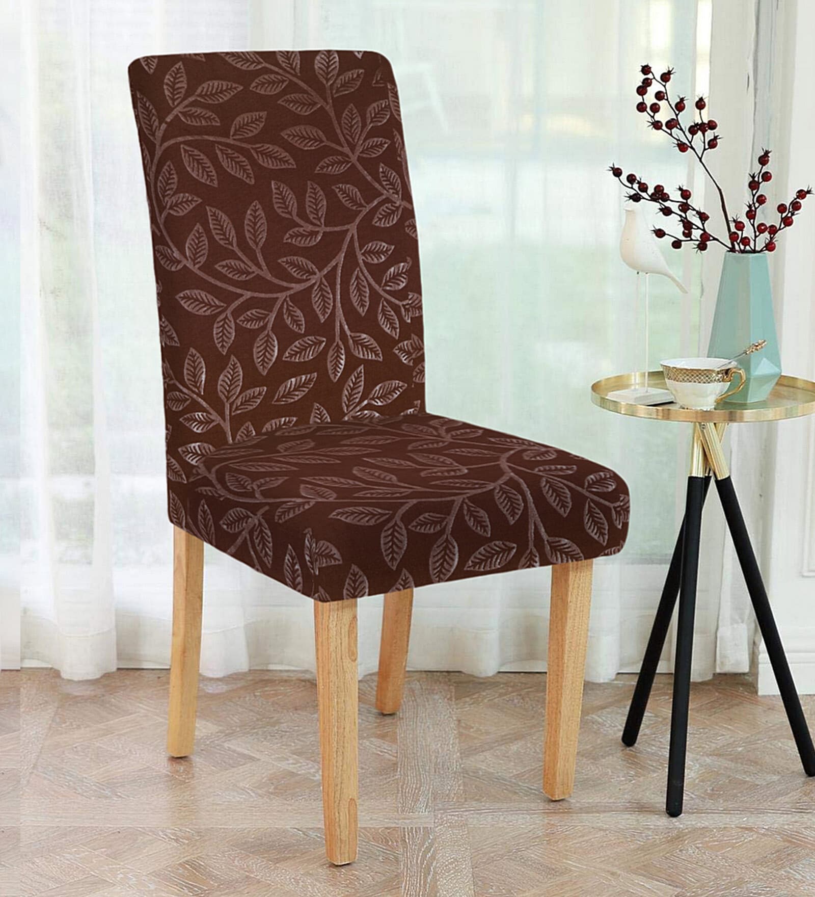 Brown Leaf Printed Polyester 15x19 Inches Stretchable Chair Cover