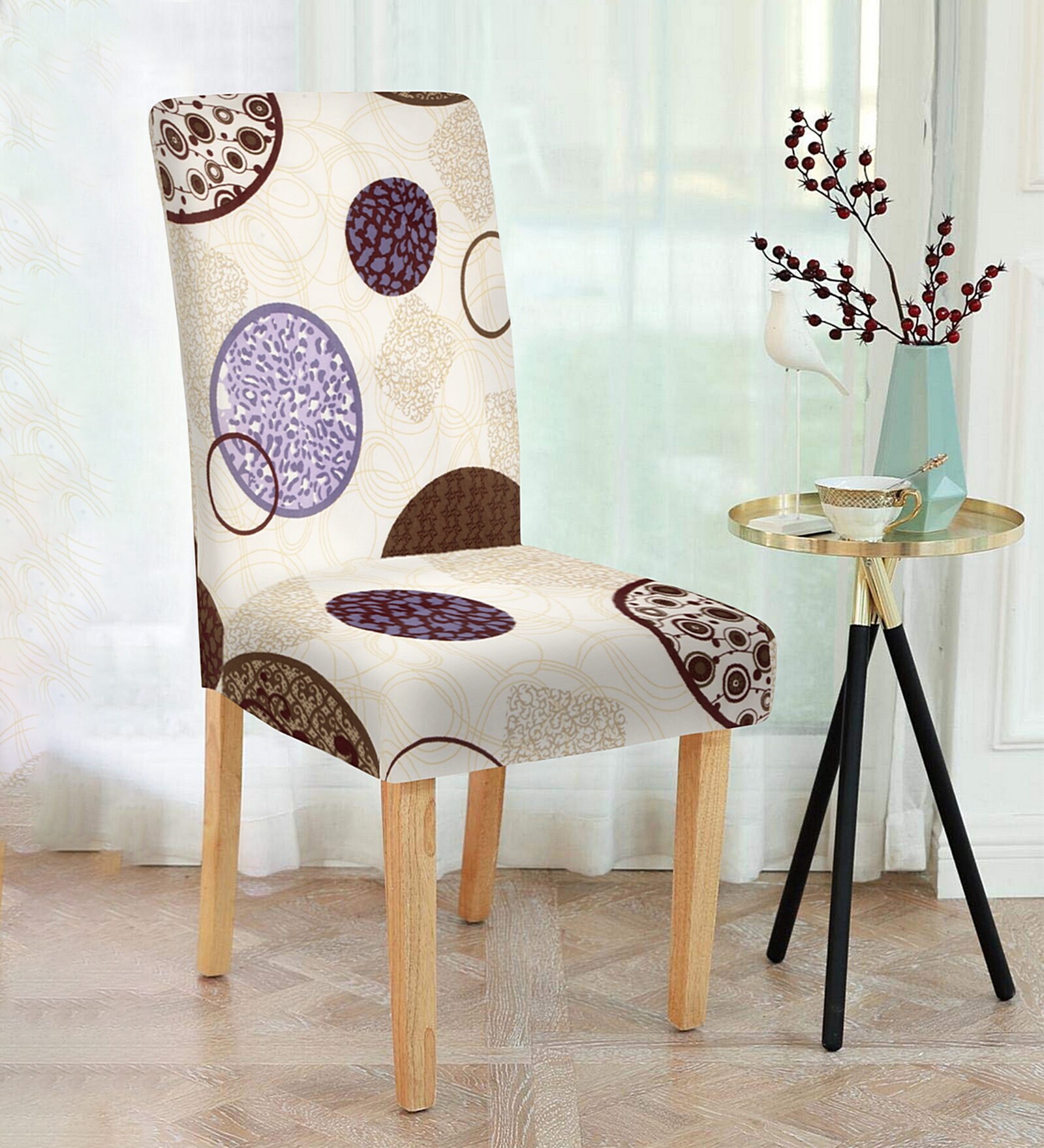 White Geometric Polyester 15x19 Inches Stretchable Chair Cover