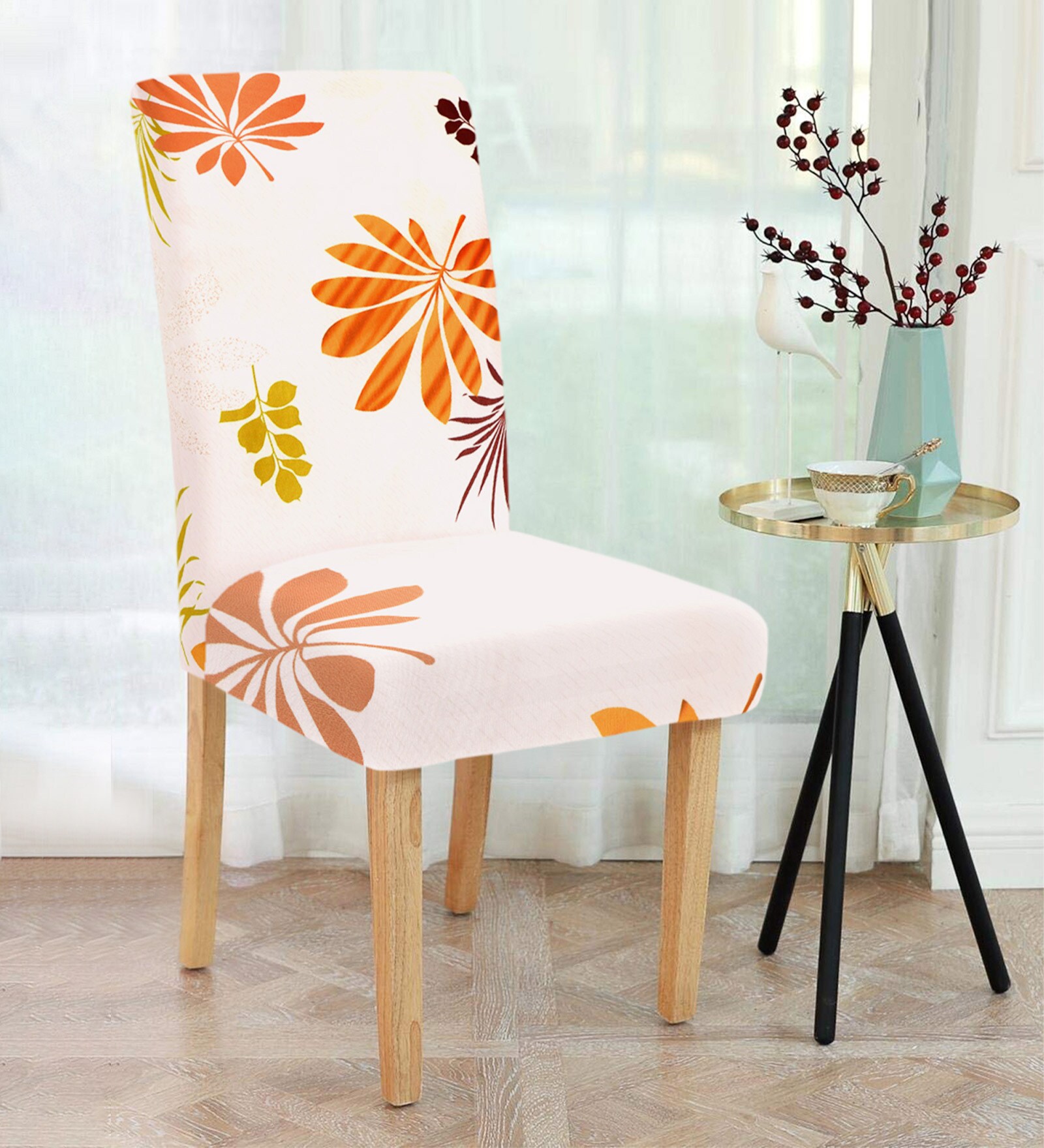 White Floral Polyester 15x19 Inches Stretchable Chair Cover