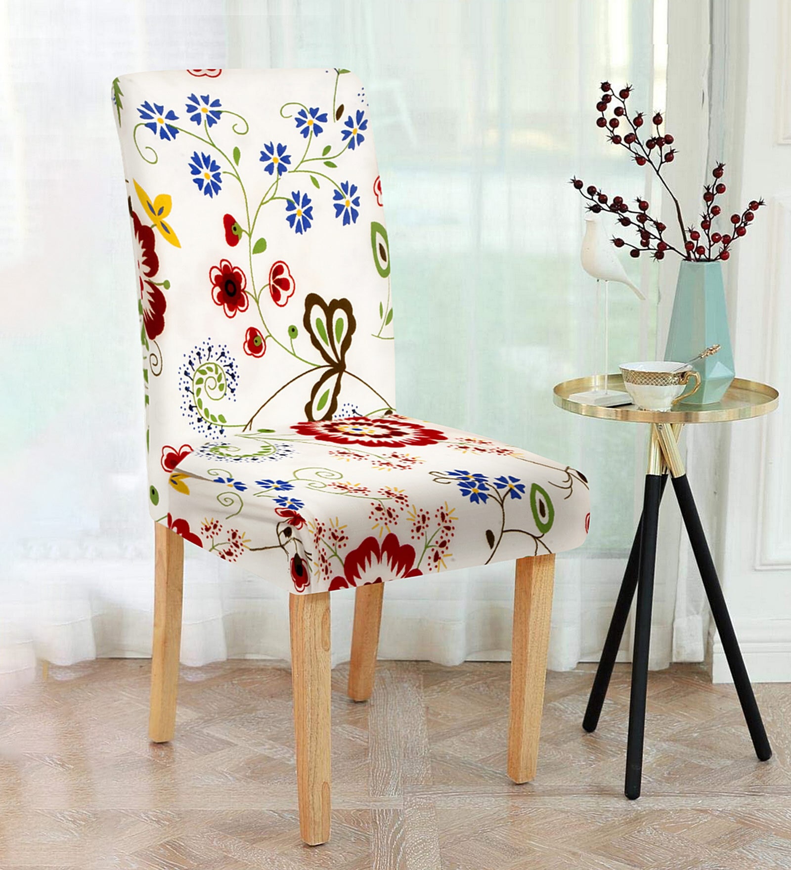 White Florals Polyester 15x19 Inch Stretchable Chair Cover