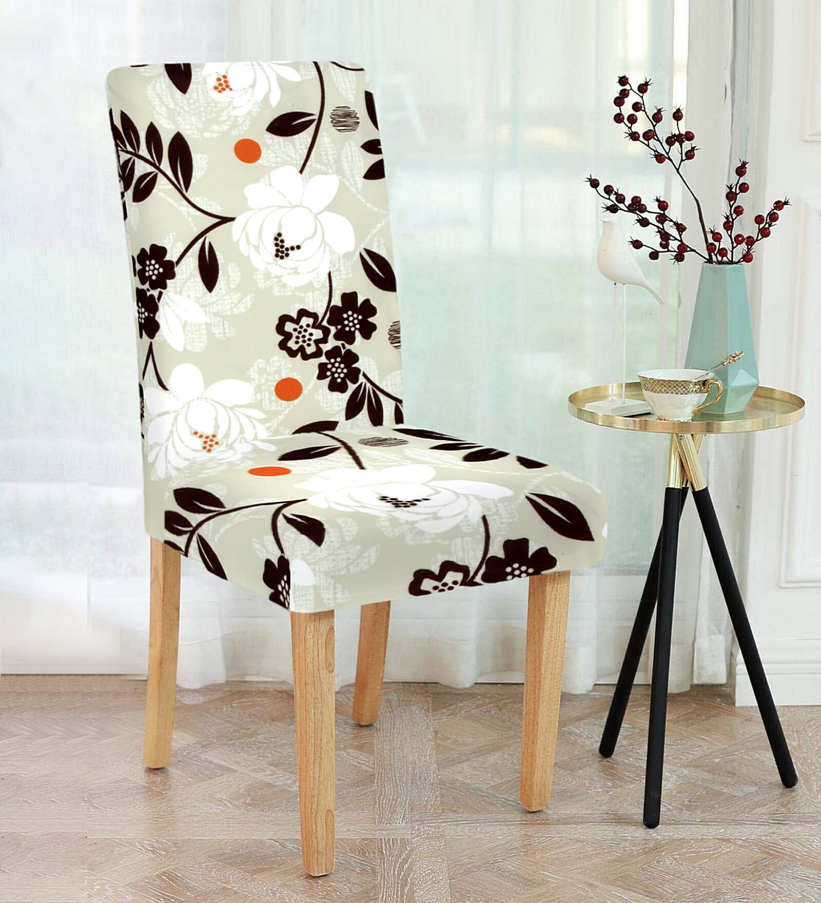 Brown Floral Polyester 15x19 Inches Stretchable Chair Cover