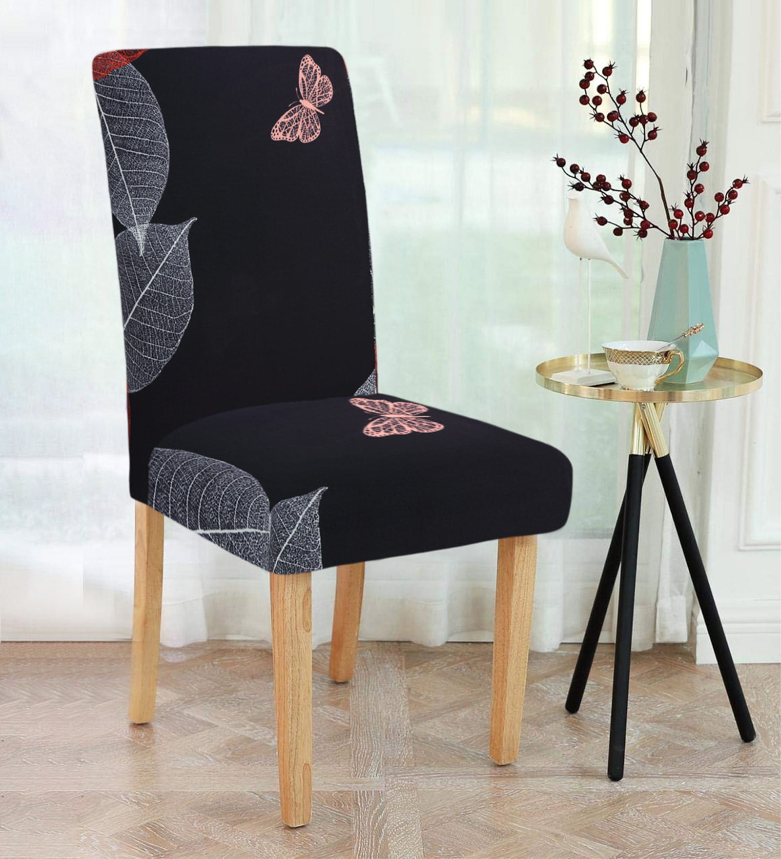 Black Leaf Printed Polyester 15x19 Inches Stretchable Chair Cover