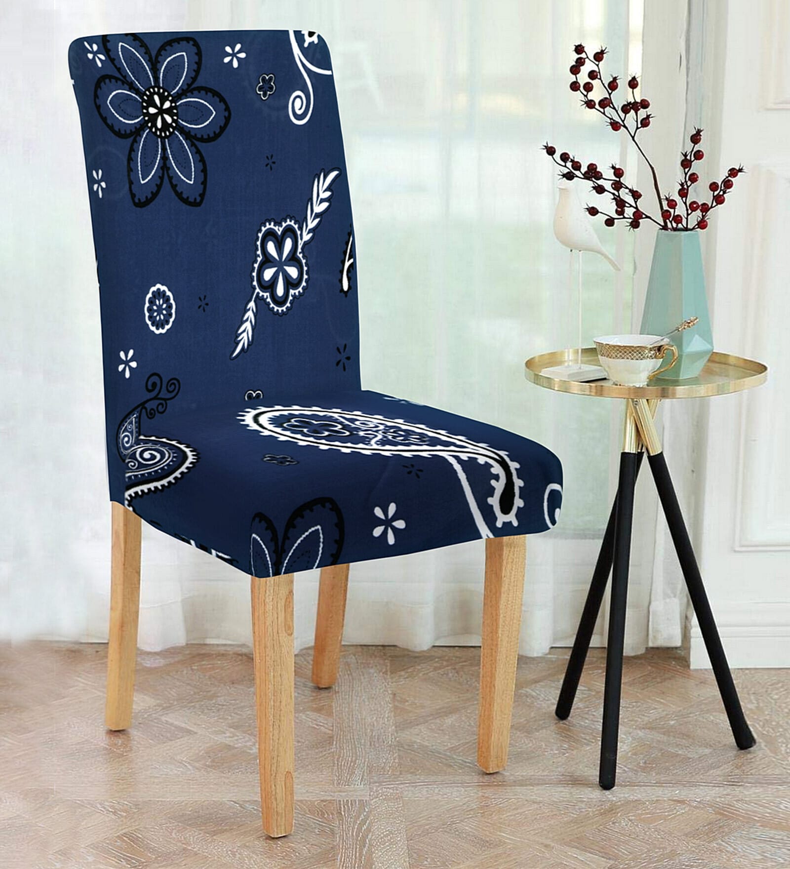 Blue Florals Polyester 15x19 Inches Stretchable Chair Cover