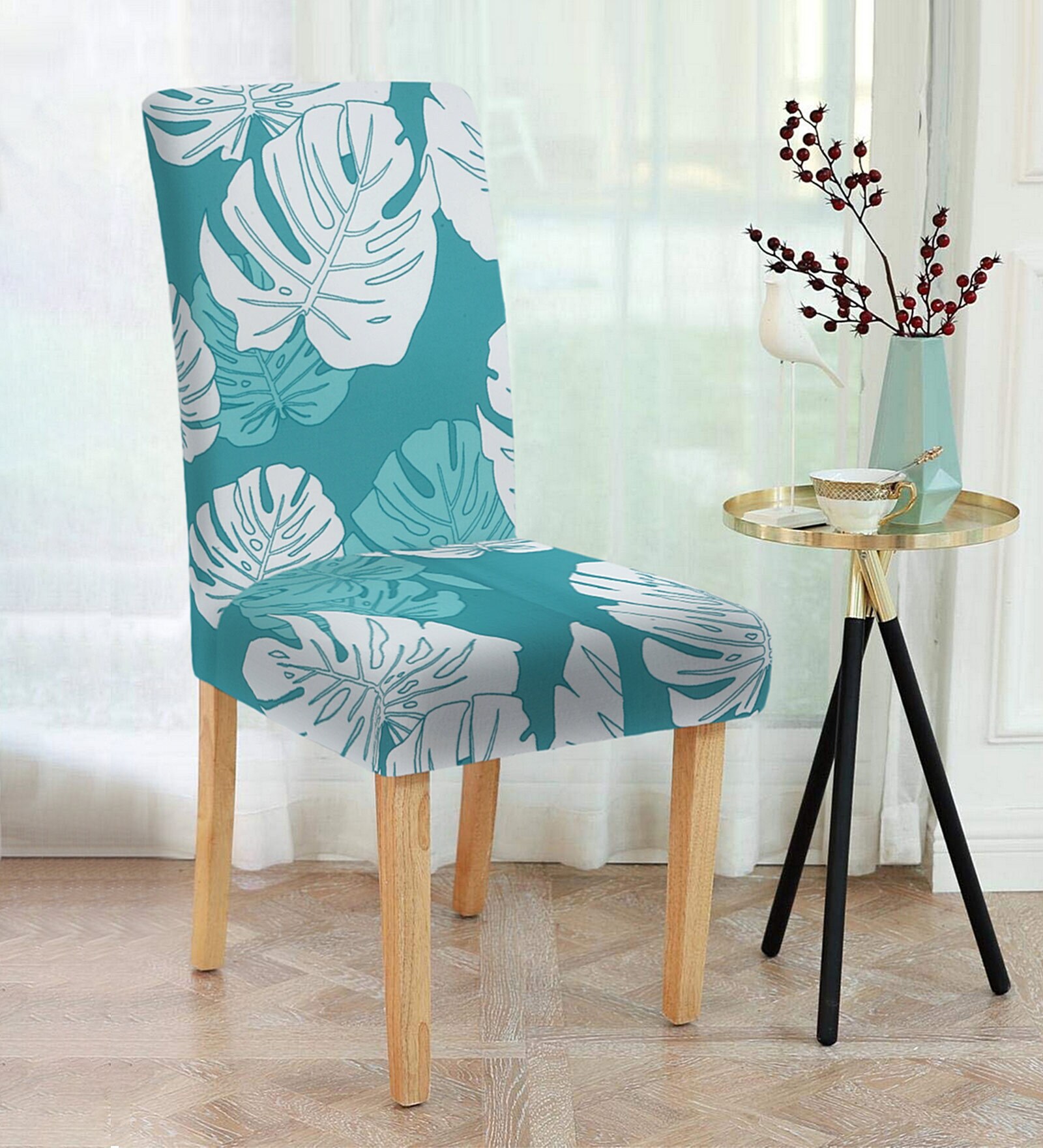 Blue Leaf Printed Polyester 15 x 19 Inches Stretchable Chair Cover