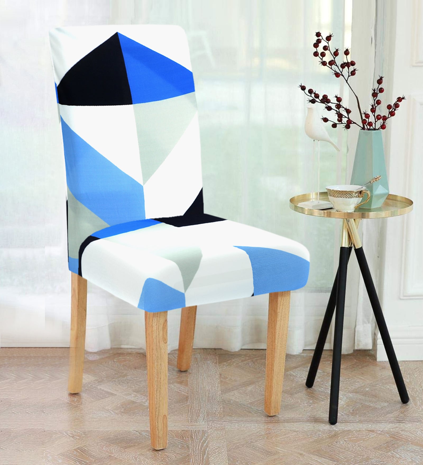 Blue Geometric Polyester 15x19 Inches Stretchable Chair Cover