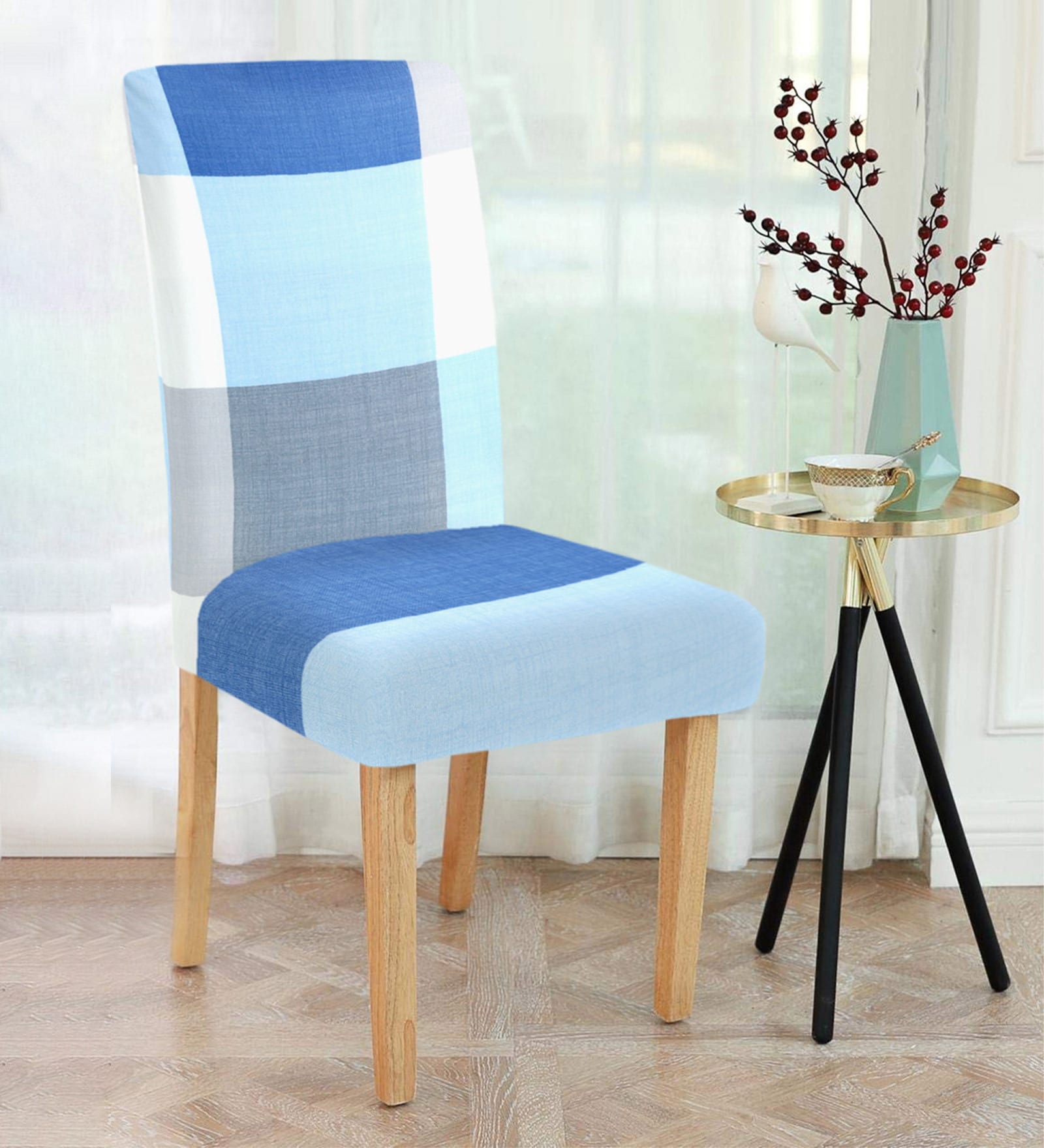 Blue Checkered Polyester 15x19 Inches Stretchable Chair Cover