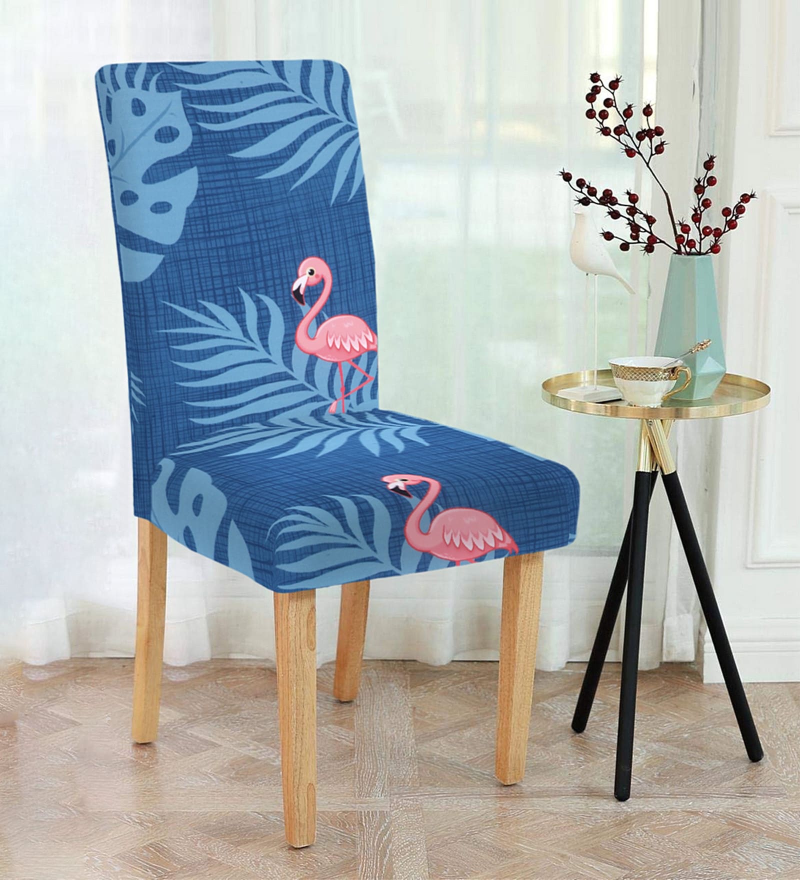 Blue Leaf Printed Polyester 15x19 Inches Stretchable Chair Cover