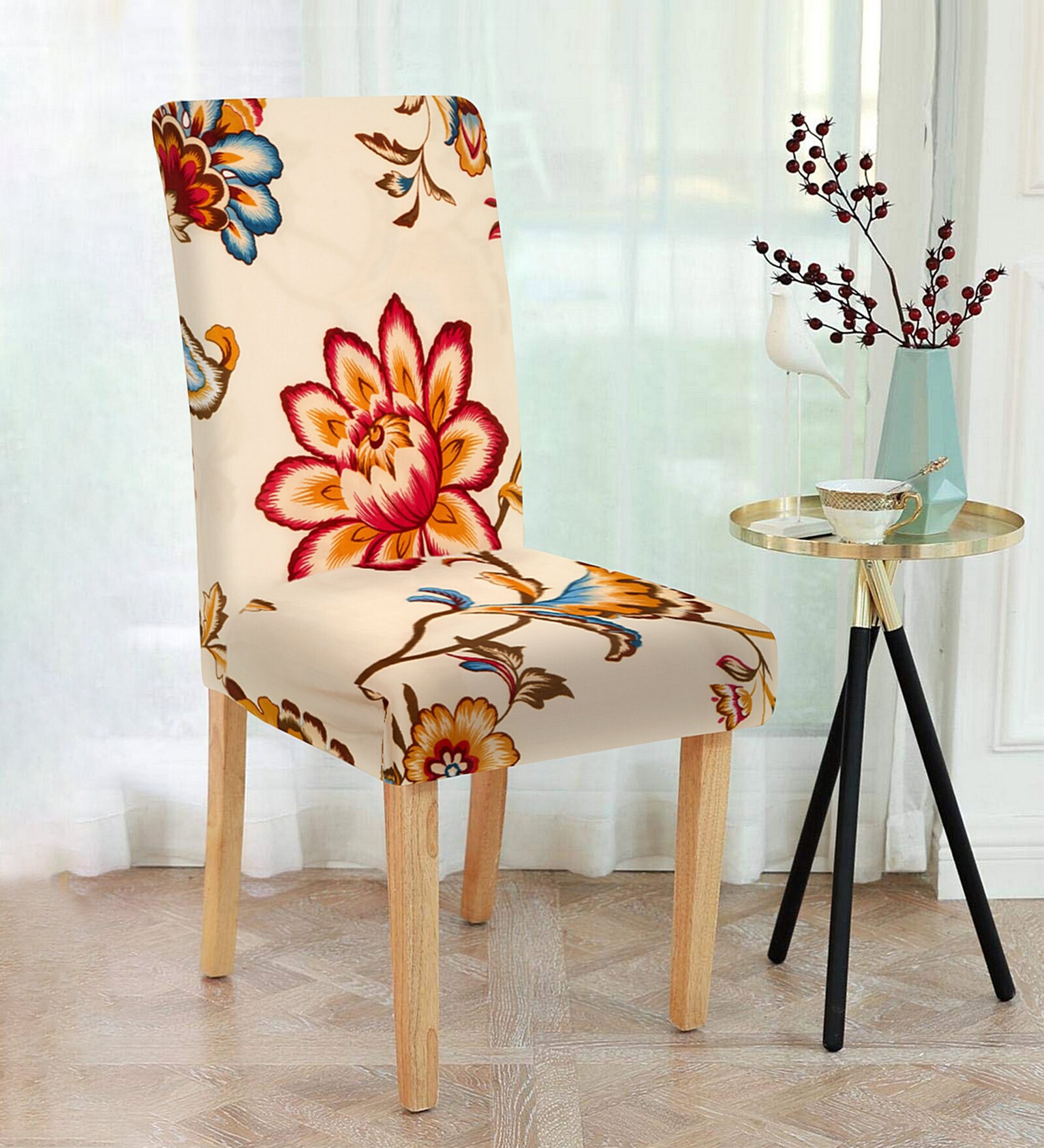 Buy Beige Floral Polyester 15x19 Inches Stretchable Chair Covers (Set