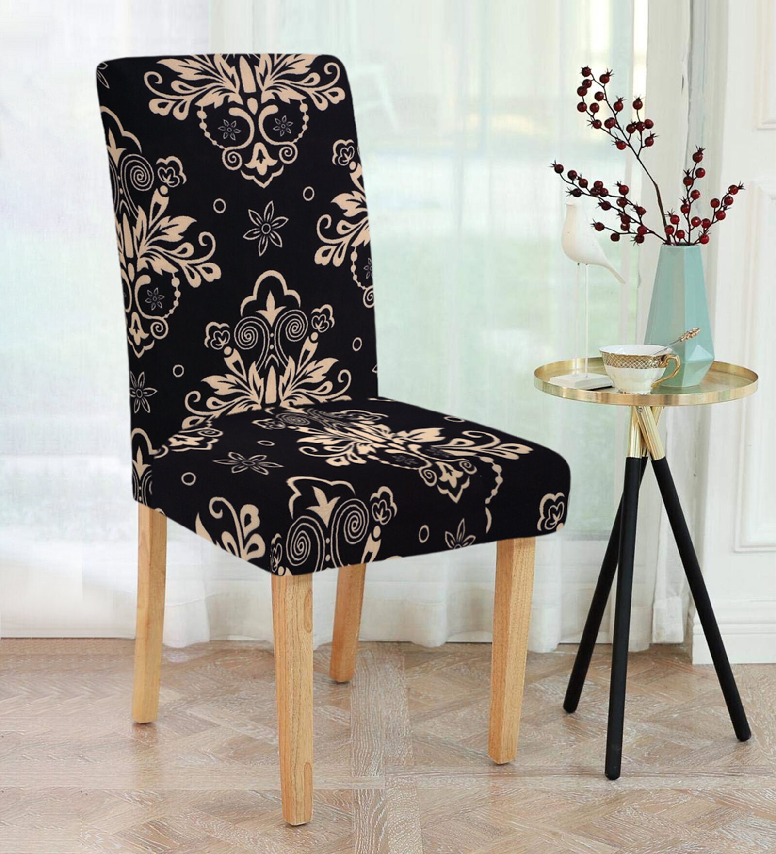 Black Traditional Polyester 15x19 Inches Stretchable Chair Covers (Set of 4)