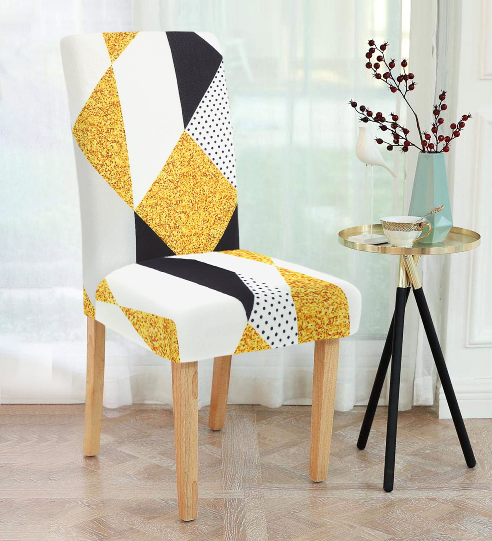 Yellow Printed Polyester 15 x 19 Inches Stretchable Chair Covers (Set of 4)