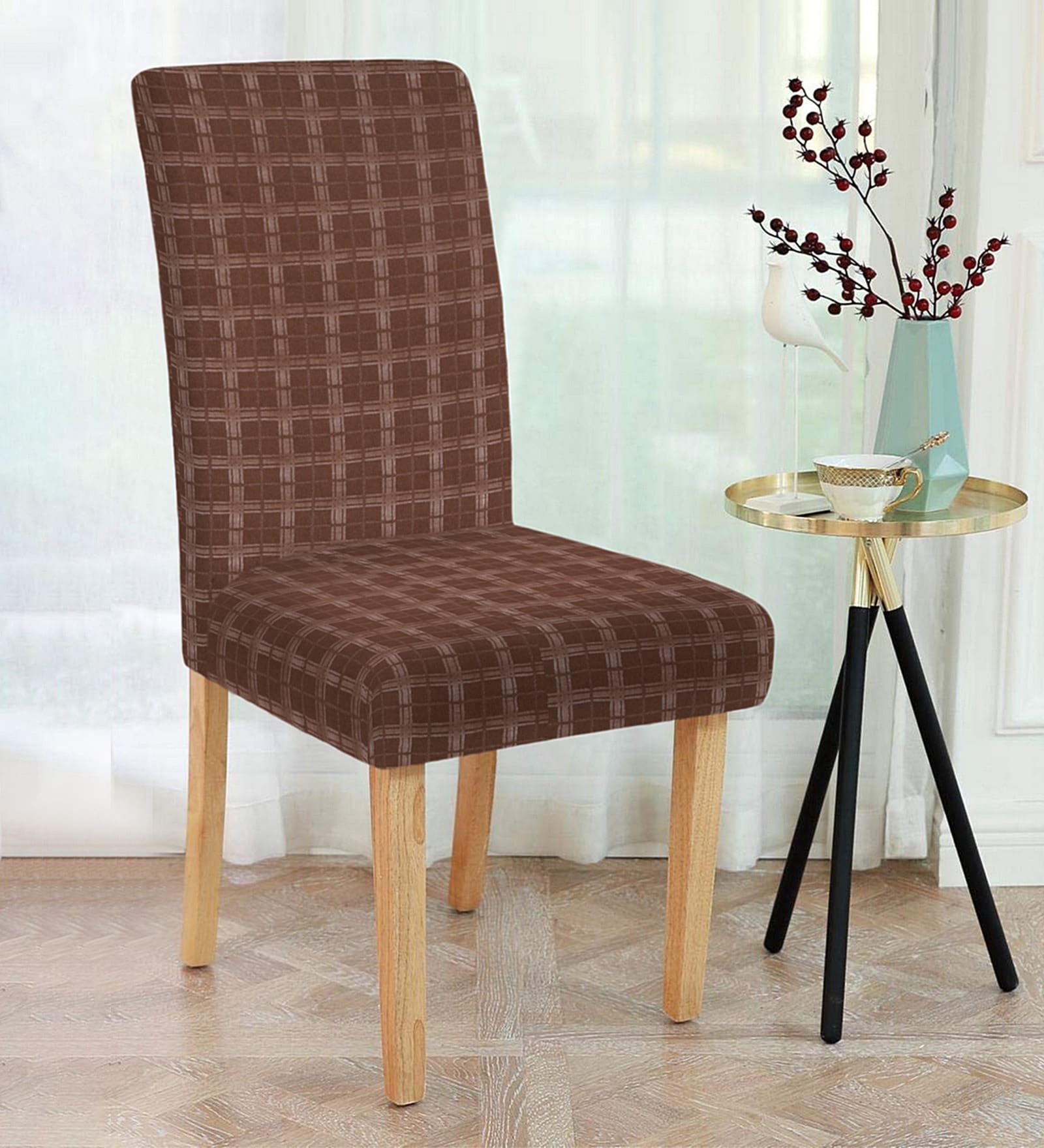 Brown Checkered Polyester 15x19 Inches Stretchable Chair Covers (Set of 4)