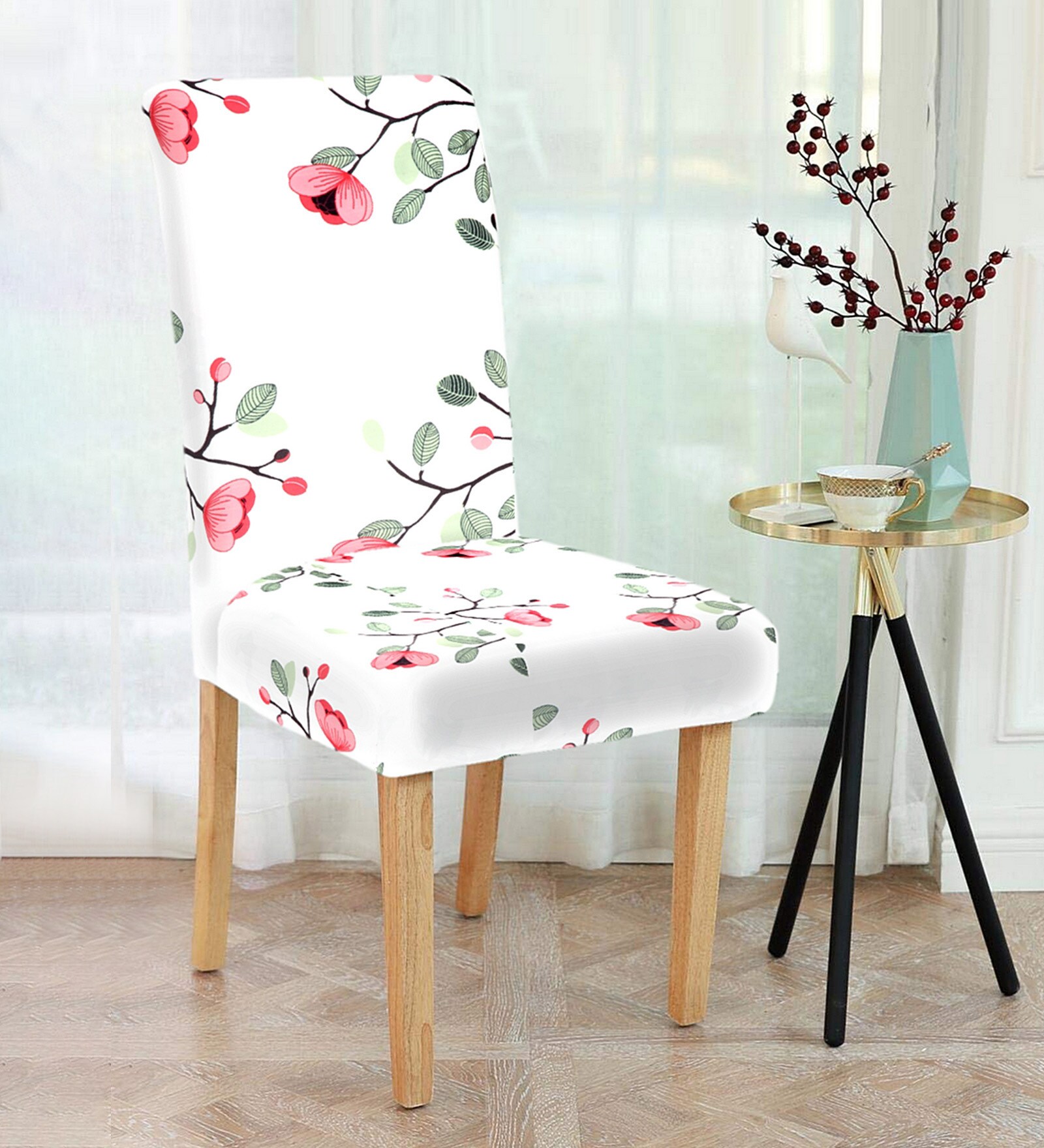White Floral Polyester 15x19 Inches Stretchable Chair Covers (Set of 4)