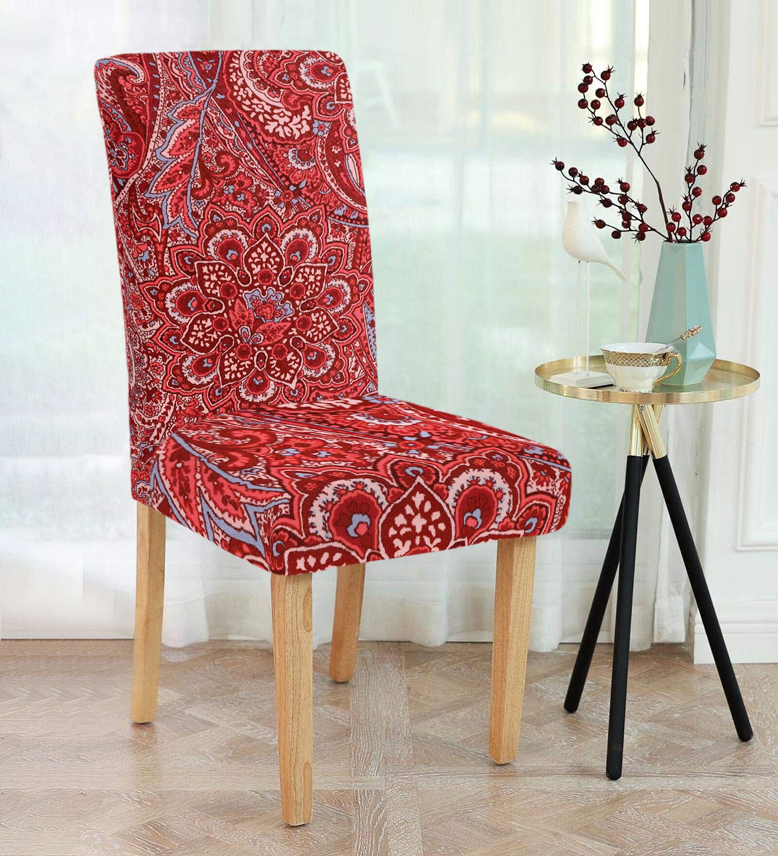 Red Printed Polyester 15x19 Inches Stretchable Chair Covers (Set of 4)