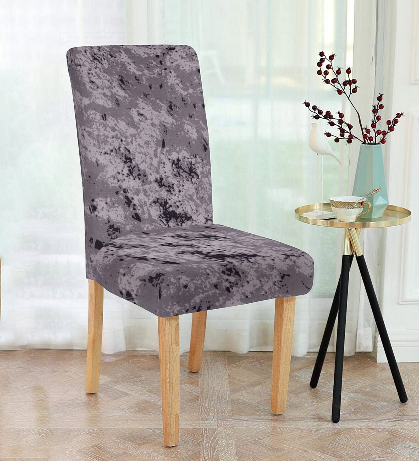 Grey Abstract Polyester 15x19 Inches Stretchable Chair Covers (Pack of 4)